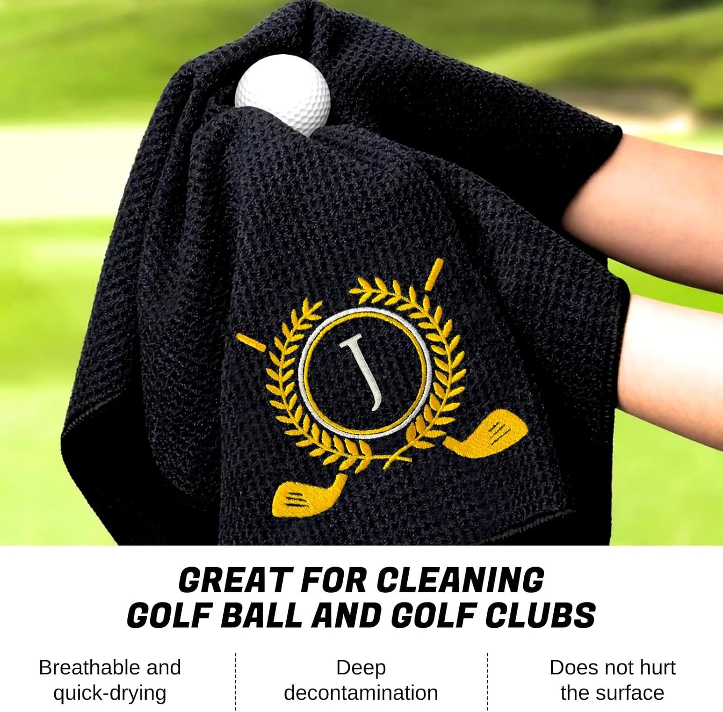 Personalized Golf Towels for Golf Bags - Microfiber Monogrammed Golf Towels for Men/Women, Retractable Brush Tool Kit with Club Groove Cleaner, Custom Golf Accessories for Golfers (Initial J)