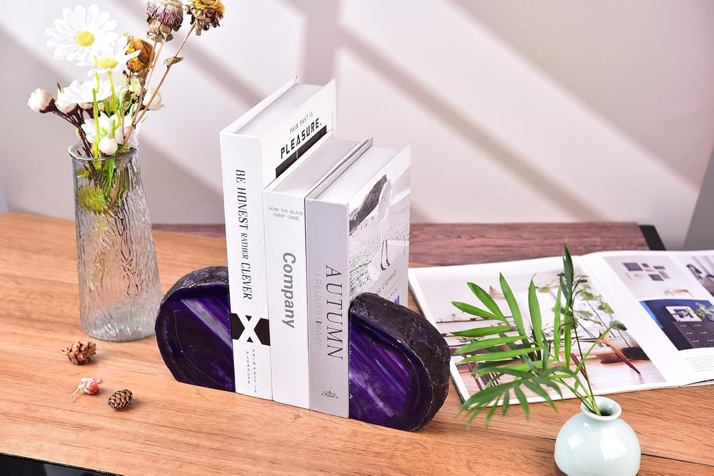AMOYSTONE Heavy Agate Bookends, Natural Crystal Gemstone Book Holders Purple 5-6 LBS for Shelves, Stylish and Functional Bookends Gift for Women