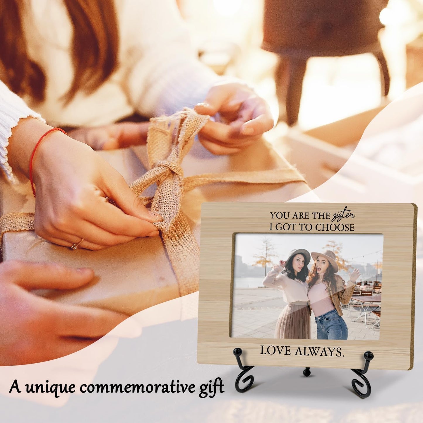 Sisters Picture Frame, Wooden Photo Frame with Stand, Friendship Gifts Birthday Gifts for Women Sister Bestie Friends, Home Office Desk Decor Photo Frame Tabletop Display -xk28