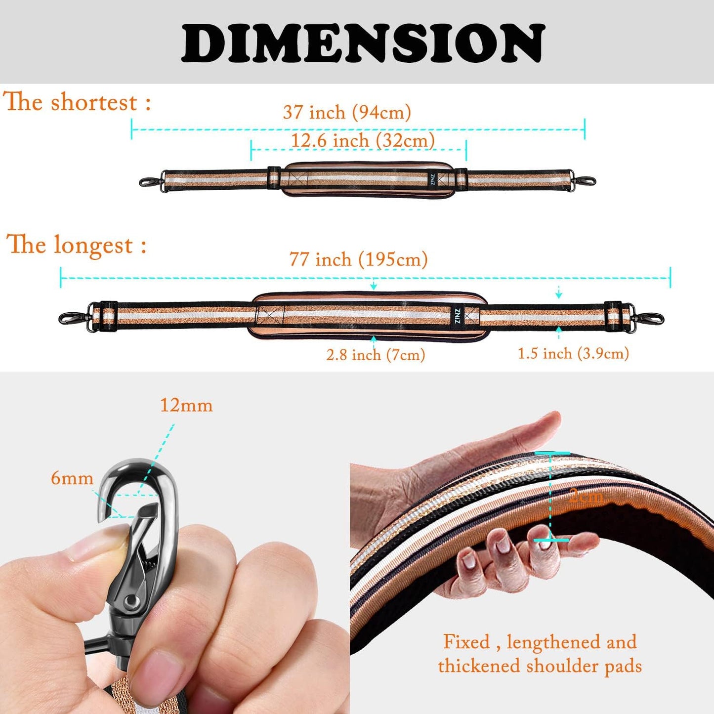 ZINZ 77 Inch Shoulder Strap Univesal Bag Strap with Fixed Pad Ultra Thick Plus Long & Breathable Cushion, Replacement Strap for Bags,Black Gold