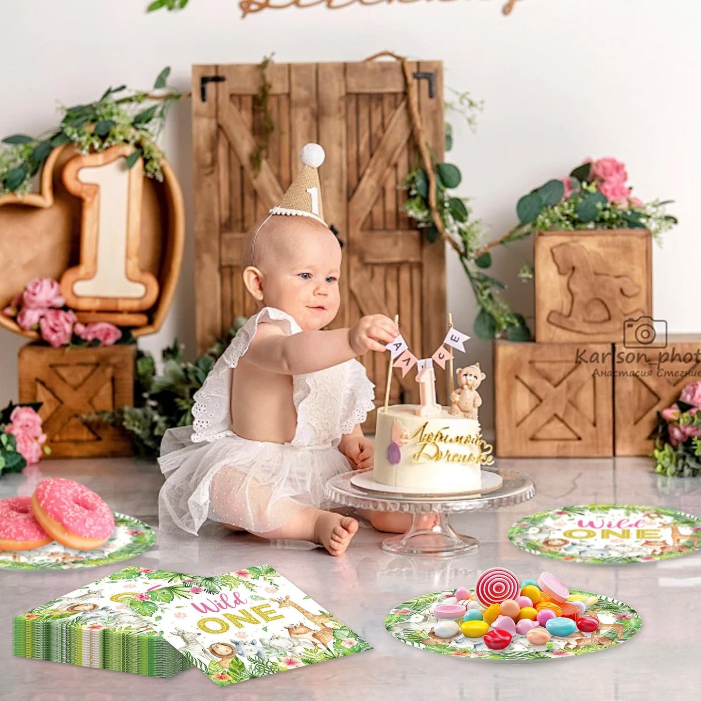 48Pcs Wild One Birthday Decorations Disposable Safari Animals Baby Shower Plates Napkins Forks Supplies for Boy Wild One Birthday Decorations Girl