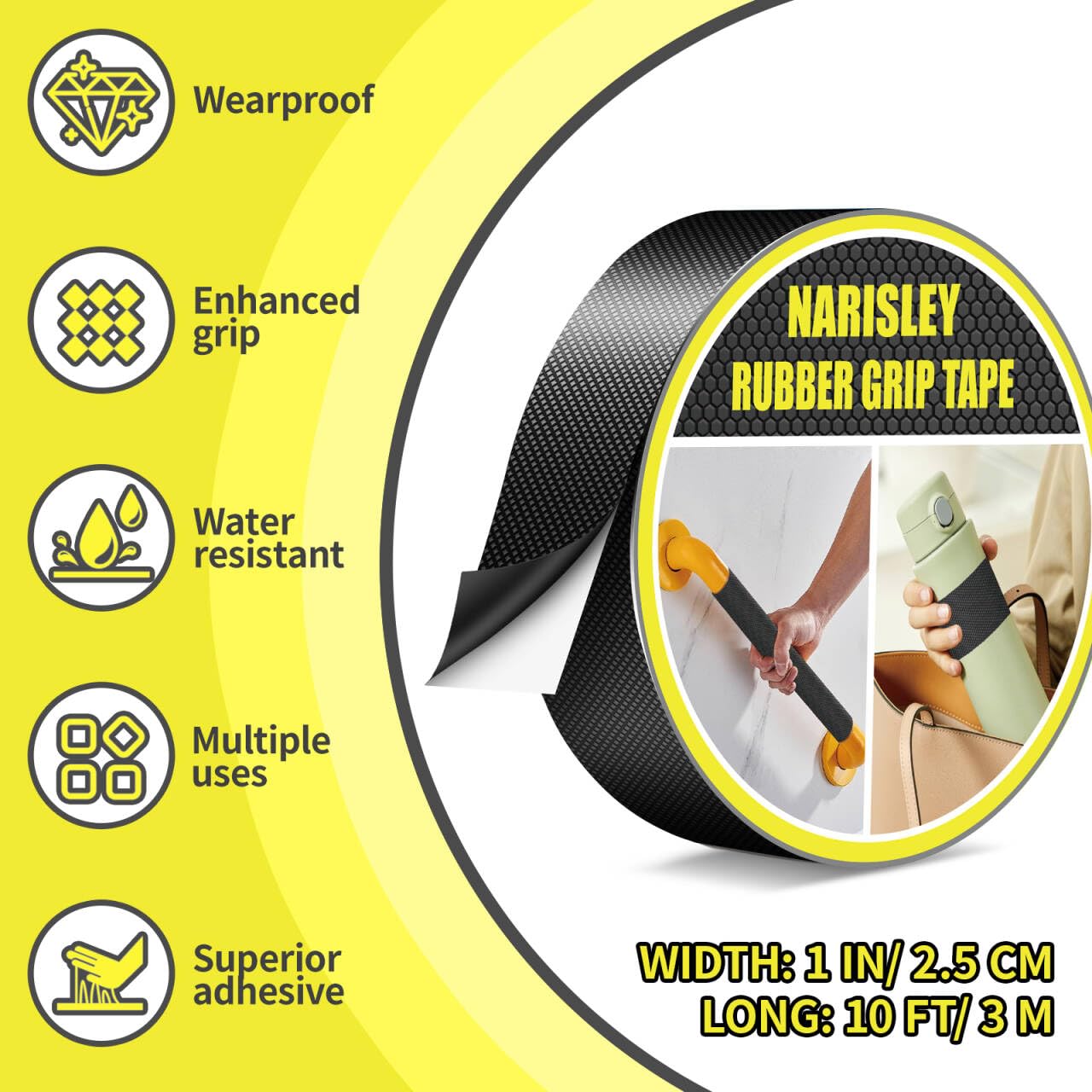 Rubber Grip Tape, 1In x 16.5Ft Ultra Strong Waterproof Anti Slip Tape with Textured Adhesive for DIY Tools & Gadgets, Customizable for Enhanced Comfort & Safety (Black)