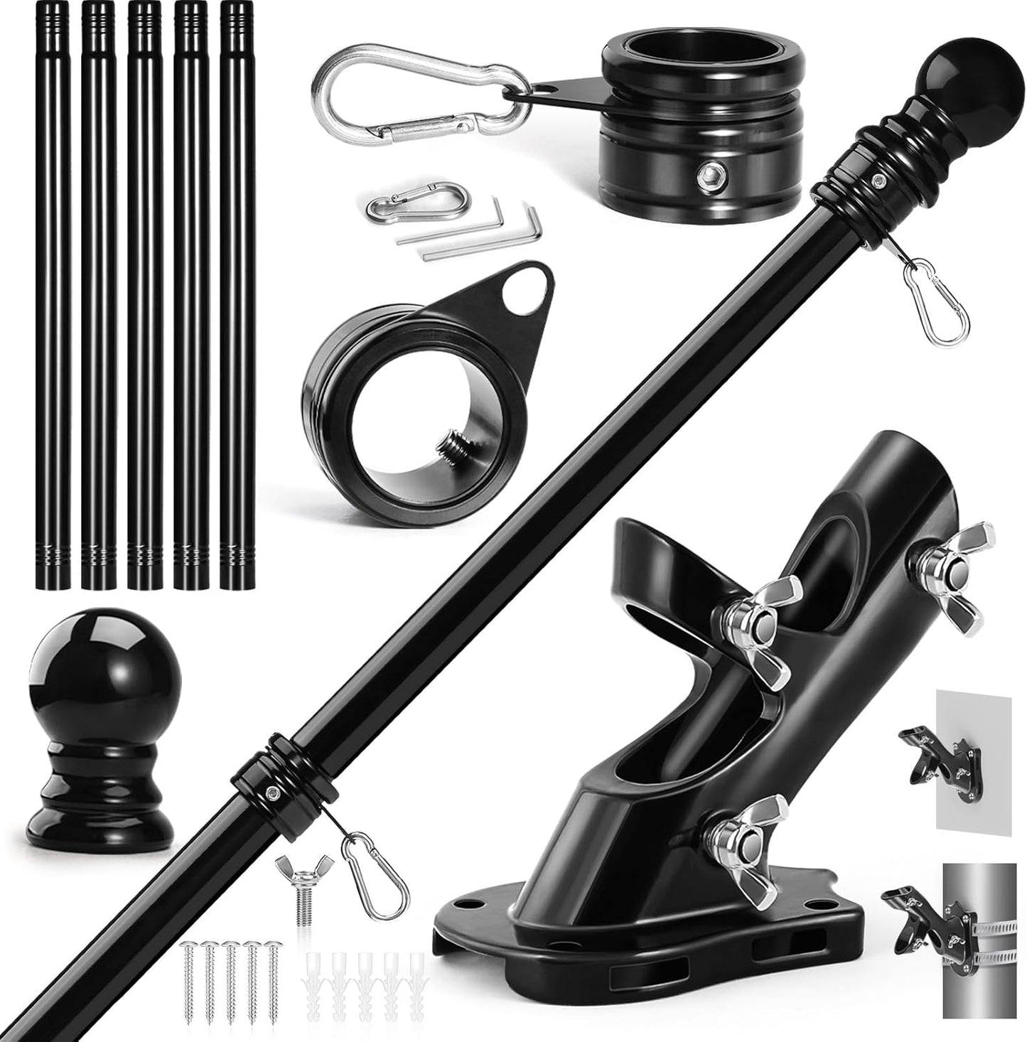 Anovo Flag Pole Kit- Stainless Steel 6 FT Flag Poles with1 Inch Metal 360° Rotating Flag Pole Rings Clip, Two-Position Flag Pole Holder Brackets Mounting for Outside House Outdoor Porch(6 FT - Black)