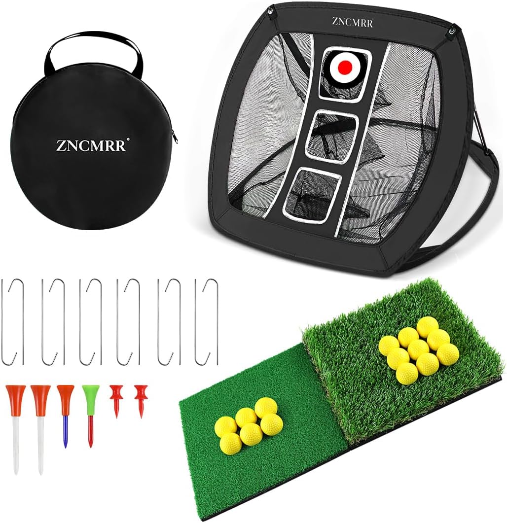 Pop Up Golf Chipping Net, Indoor/Outdoor Golfing Target Net Collapsible Portable Golf Hitting Net with 15 Training Balls and 2 Hitting Mats for Backyard Driving and Swing