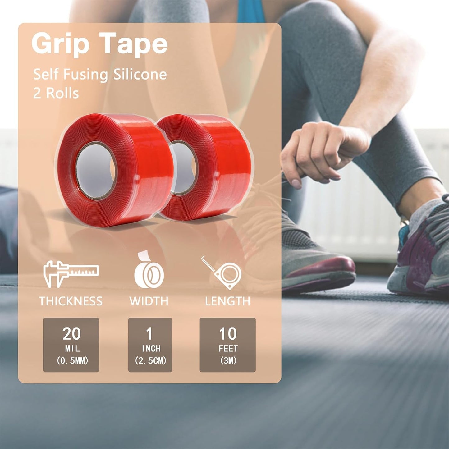 2 Rolls 1IN X 10FT Grip Tape, Self Fusing Silicone Grip Wrap for Handles, No Adhesive, Red