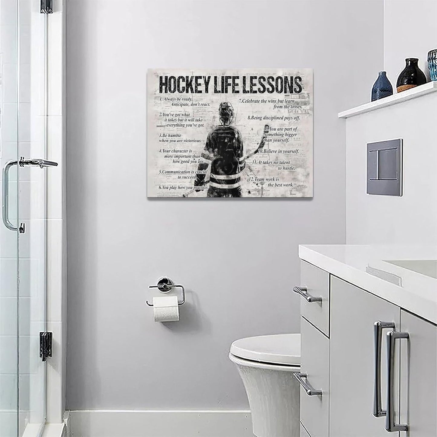 Hockey Sports Wall Art Hockey Life Lessons Wall Decor Hockey Sign Retro Poster Boy Men Motivational Decorations Canvas Print Painting Artwork for Bedroom Bathroom Living Room Gym 16"x12"