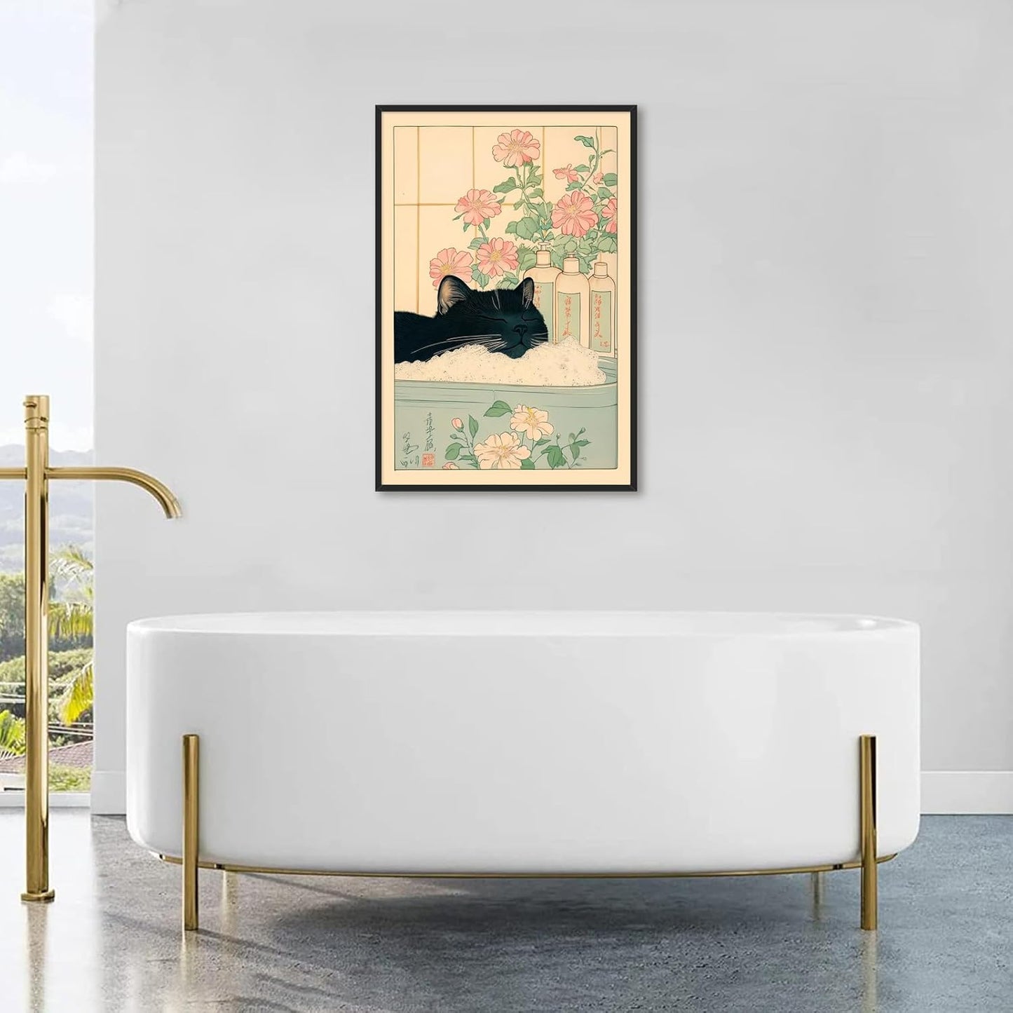 Vintage Black Cat in The Bathtub Posters Funny Bathroom Wall Art Cute Animal Lover Canvas Prints Japanese Aesthetic Neutral Minimalist Wall Decor for Restroom Toilet 16x24in Framed
