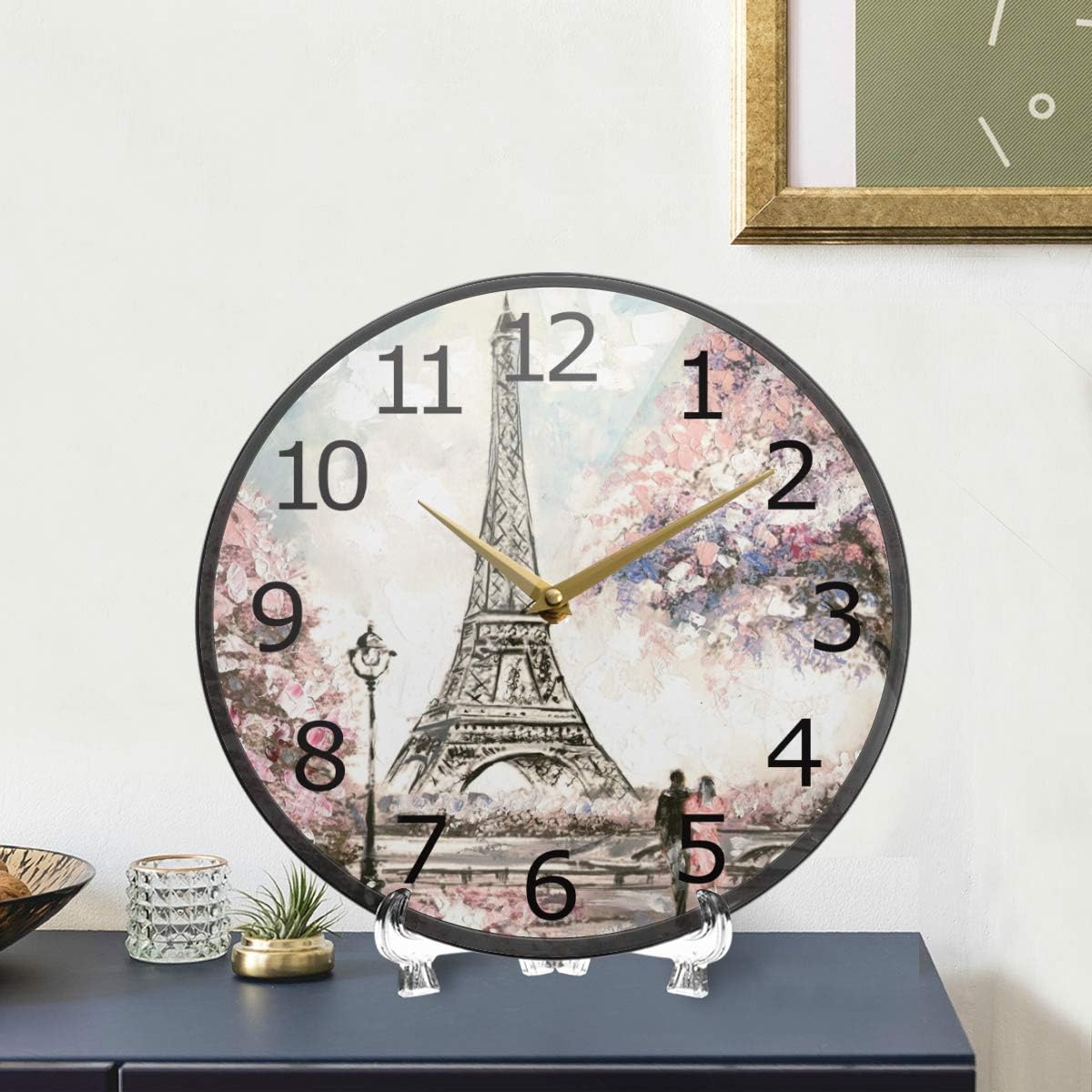 ALAZA Street Cherry Blossom Paris Eiffel Tower Oil Painting Art Acrylic Silent Non-Ticking Round Wall Clock, 12 Inch Battery Operated Quiet Bathroom Clock for Living Room Bedroom Kitchen Decor