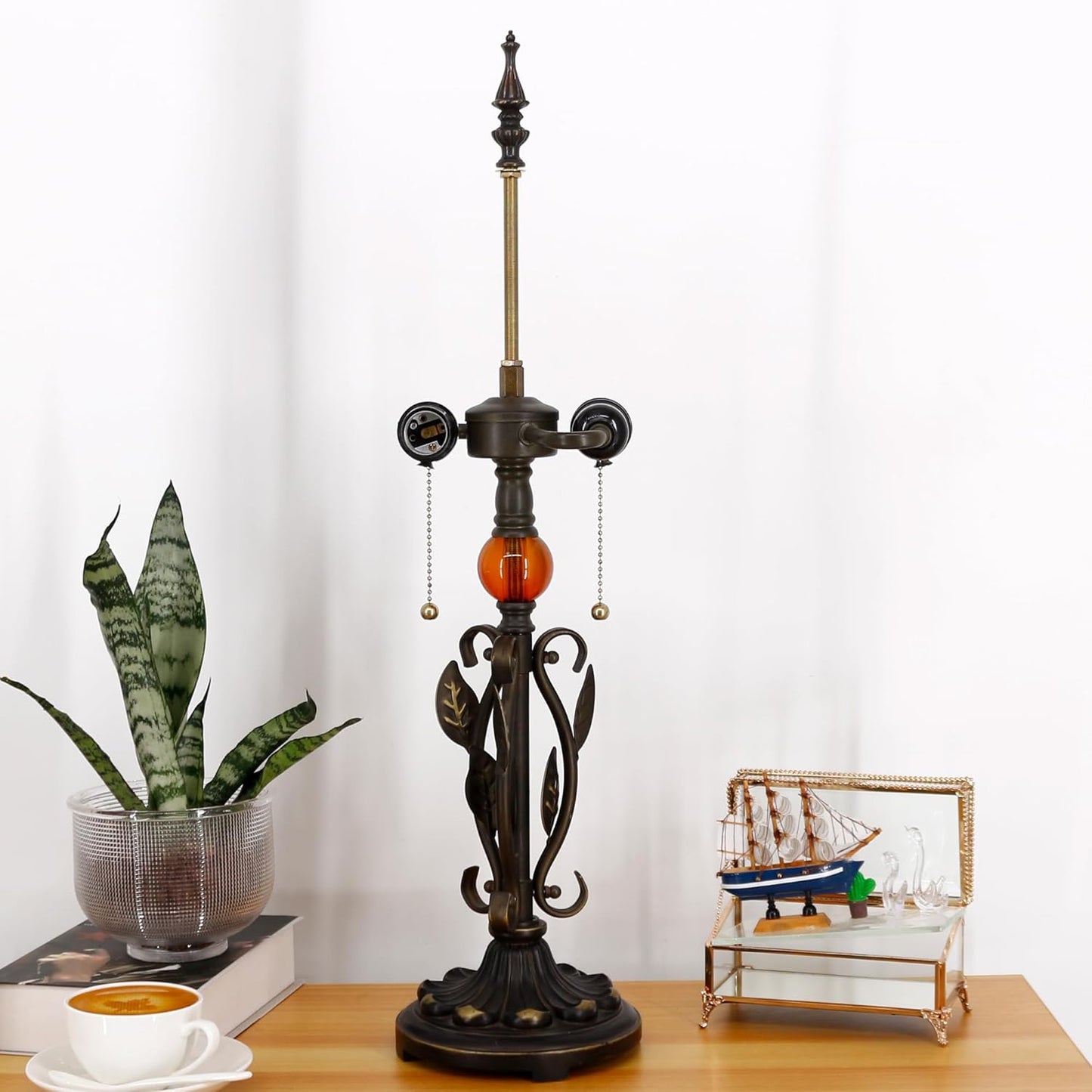 Table Lamp Mid-Century Yellow Fabric Desk Reading Light with Antique Resin Metal Leaf Base 25 Inch Tall Decor for Living Room Office Bedroom
