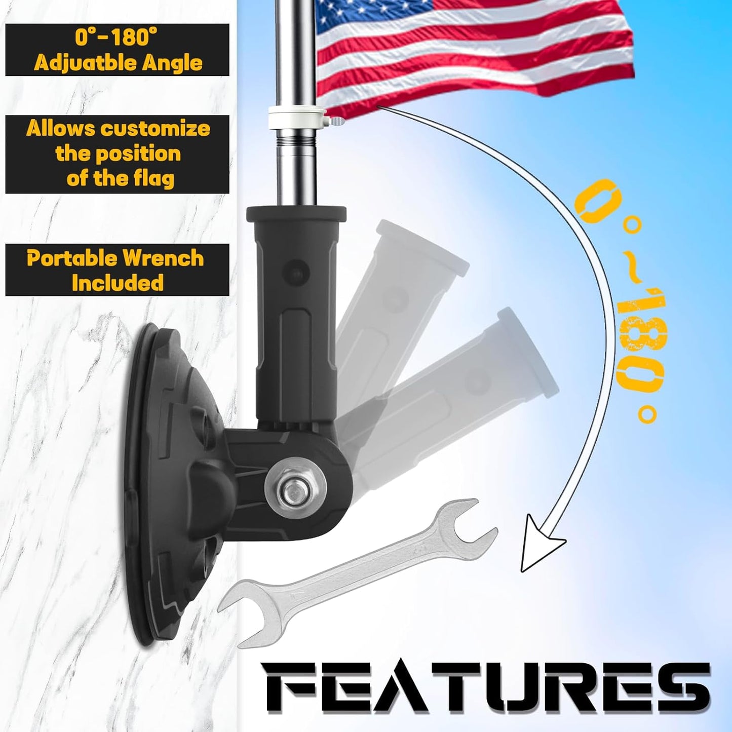 Suction Cup Flag Holder for Car, RV Flag Pole Mount Angle-Adjustable Heavy Duty Metal Flag Holder for RV, Truck, Camper, Car, Boats(1 Pack)