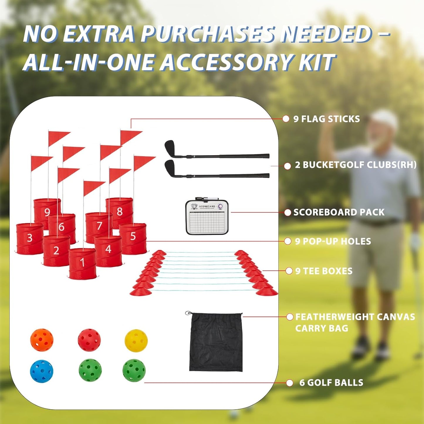 Bucket Yard Golf Game with Clubs 9 Hole Set Portable Low Tide Golf Game for Beach Backyard Lawn with 2 Golf Outdoor Indoor Golf Chipping Games for Adults Family Club Party(Red, 9 Bucket)