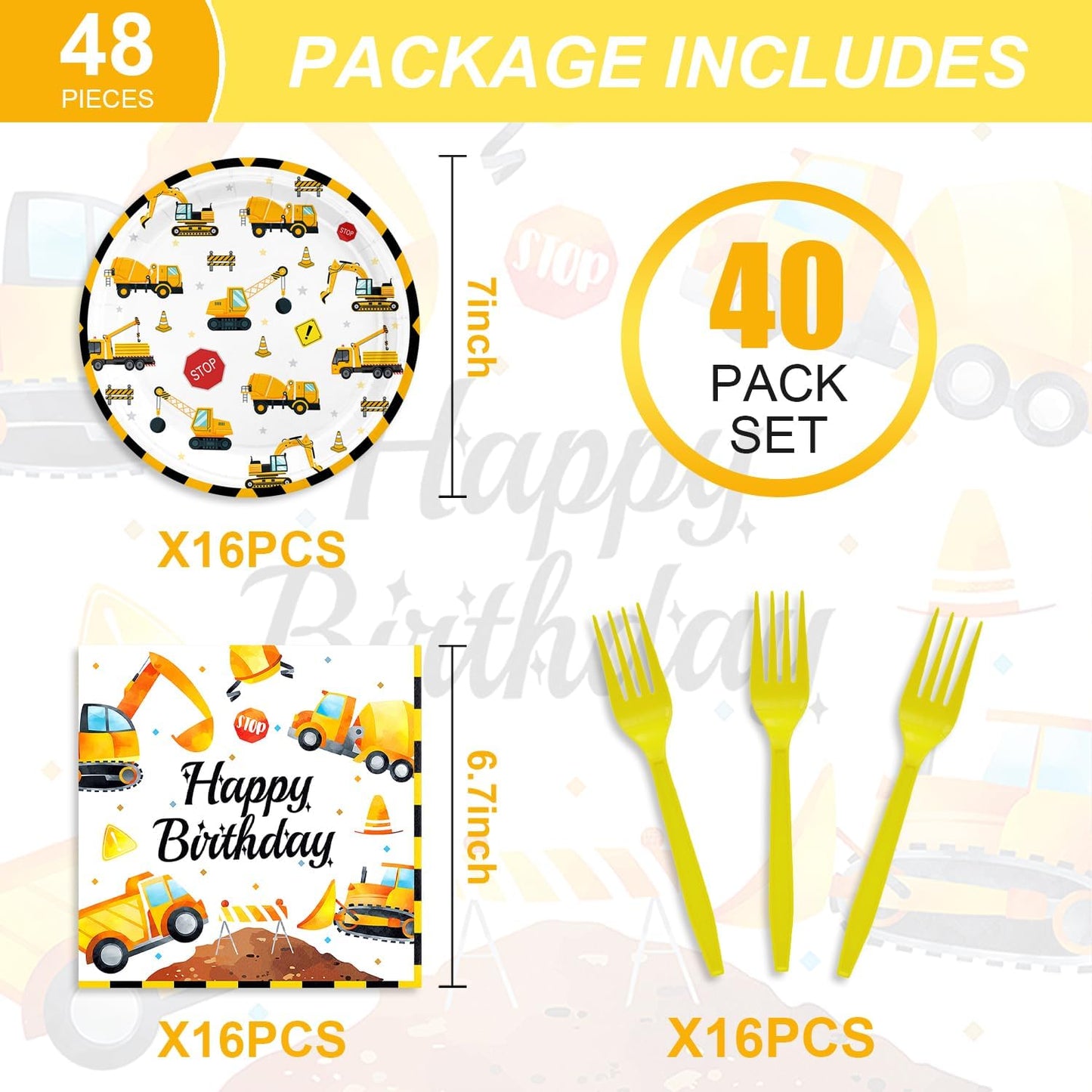 48Pcs Construction Birthday Party Supplies Excavator Birthday Decorations Including Plates and Napkins Forks Supplies Serves 16 Guests Baby Shower Construct Party Decorations