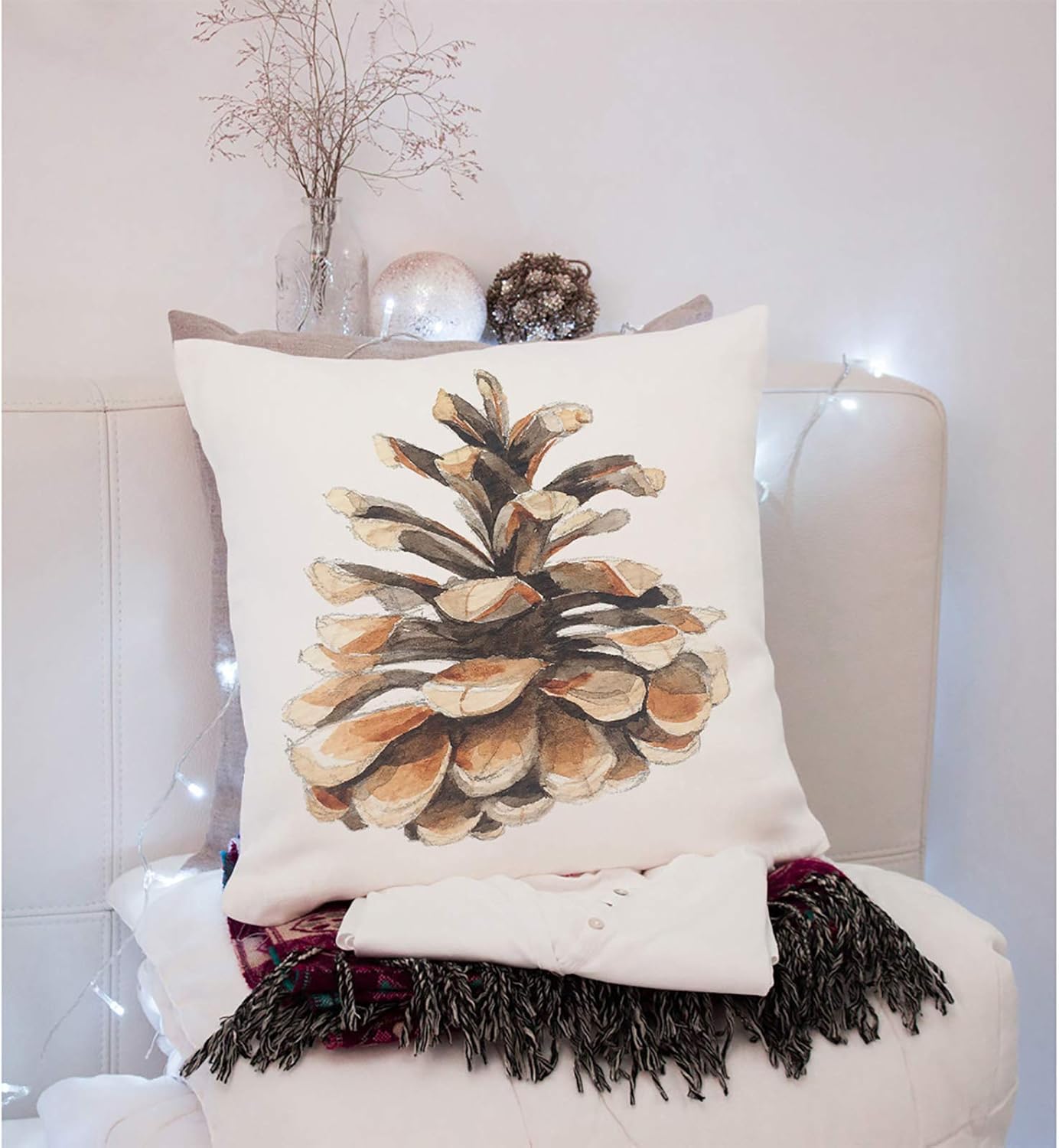 Throw Pillow Covers Brown Pine-Cone Watercolor Pine Cone for Botanical Painting Green Hand Cotton Linen Decorative Square Pillowcases Cushion Cover 18 X 18 Inch