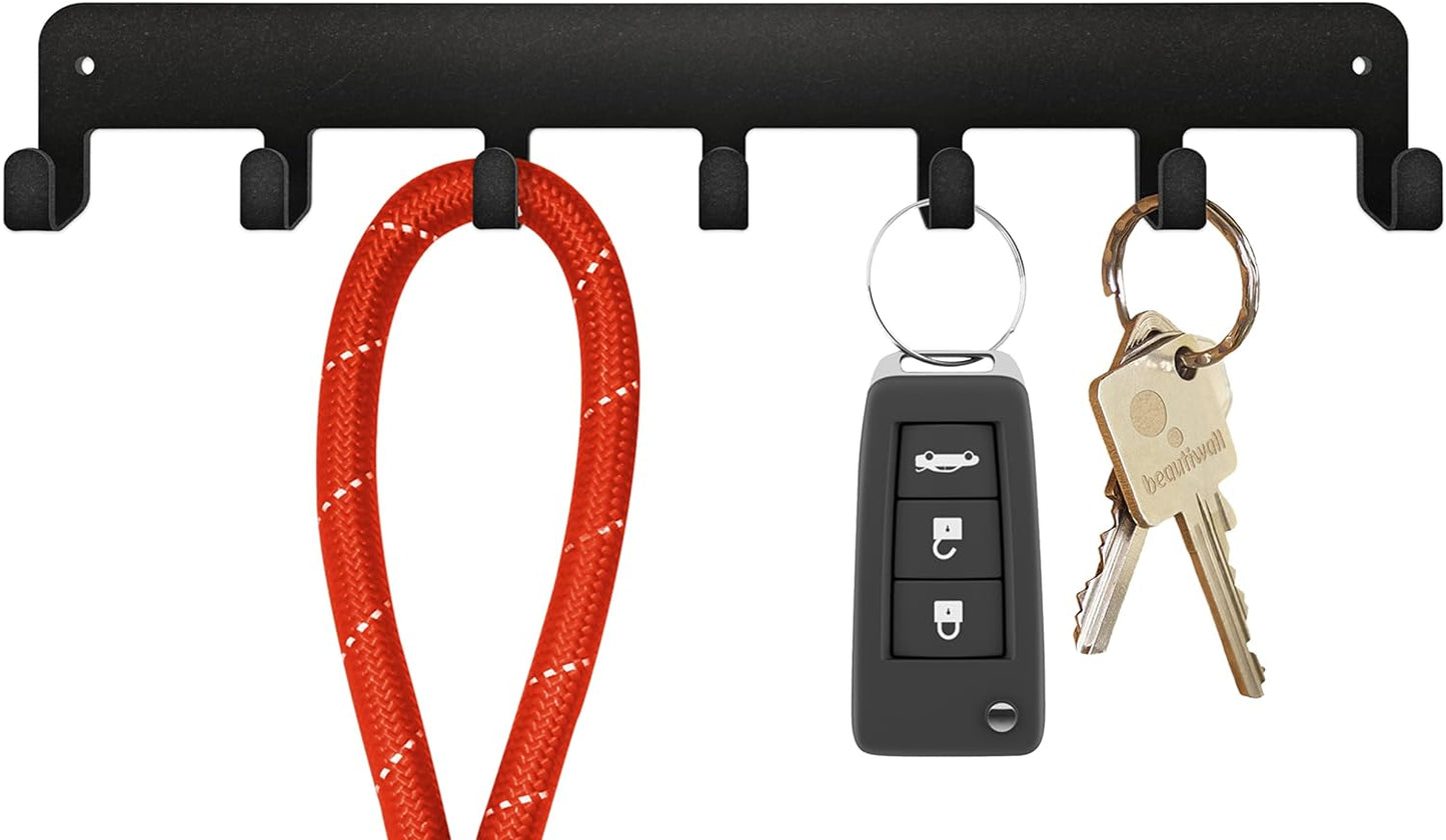 Key Holder Steel Metal Wall Key Hanger with Hooks for car, Apartment, Storage, Keys Black. Adhesive Tape Included.