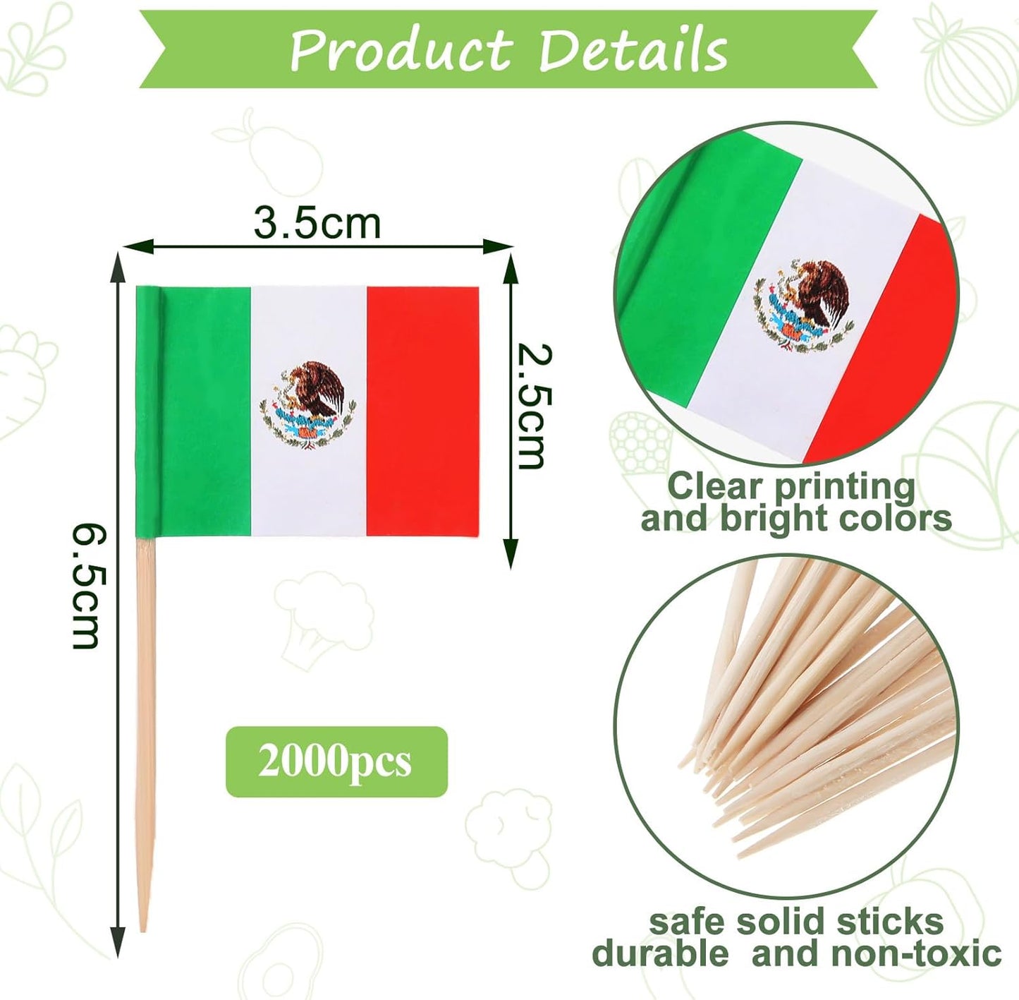 Meanplan 2000 Pcs Mexico Toothpick Flags, Mexican Flag Toothpicks, Cupcake Mexico Toppers, Mini Stick Decorations Food Picks for National Day Party Birthday Cocktail Ice Cream Cake