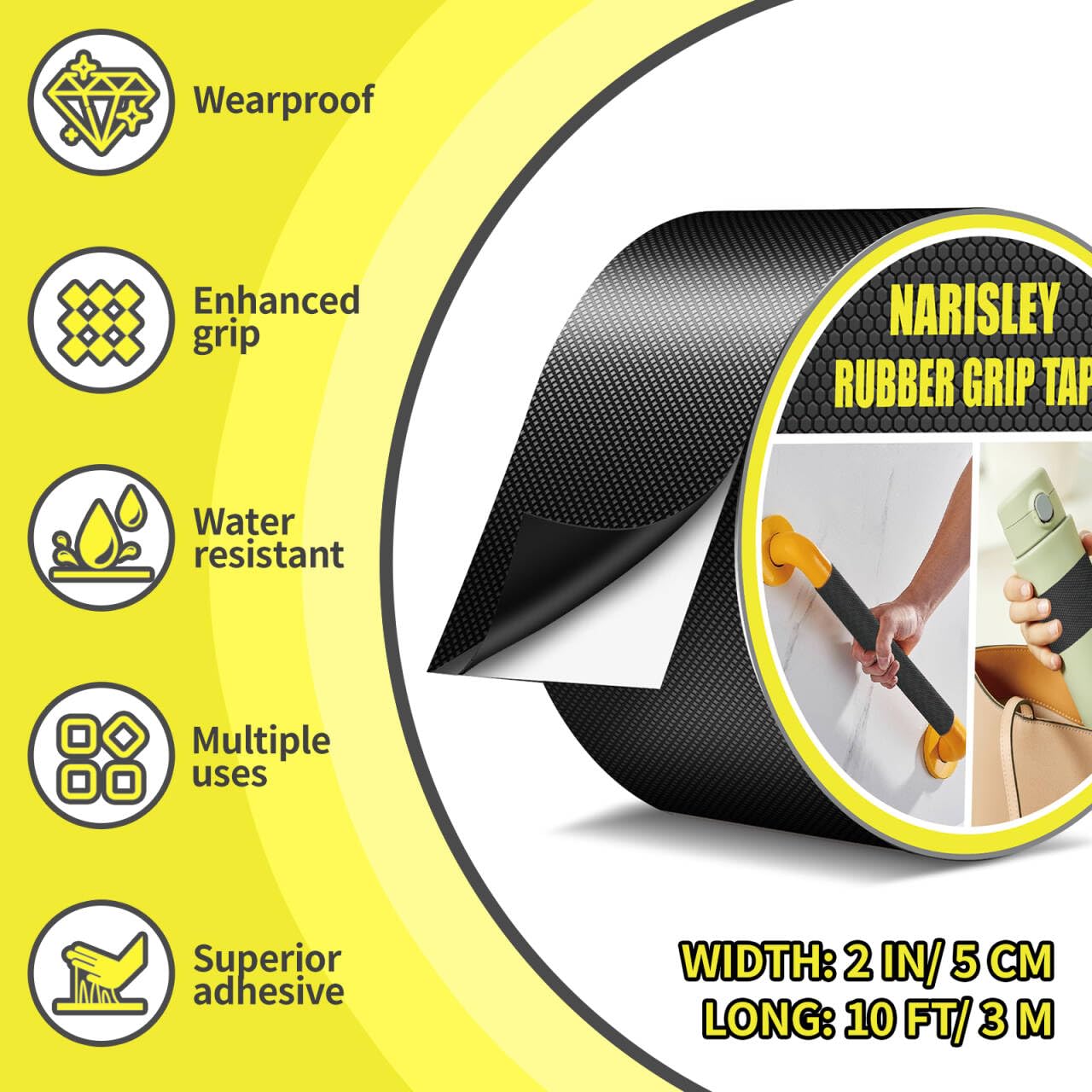 Rubber Grip Tape, 2In x 16.5Ft Ultra Strong Waterproof Anti Slip Tape with Textured Adhesive for DIY Tools & Gadgets, Customizable for Enhanced Comfort & Safety (Black)