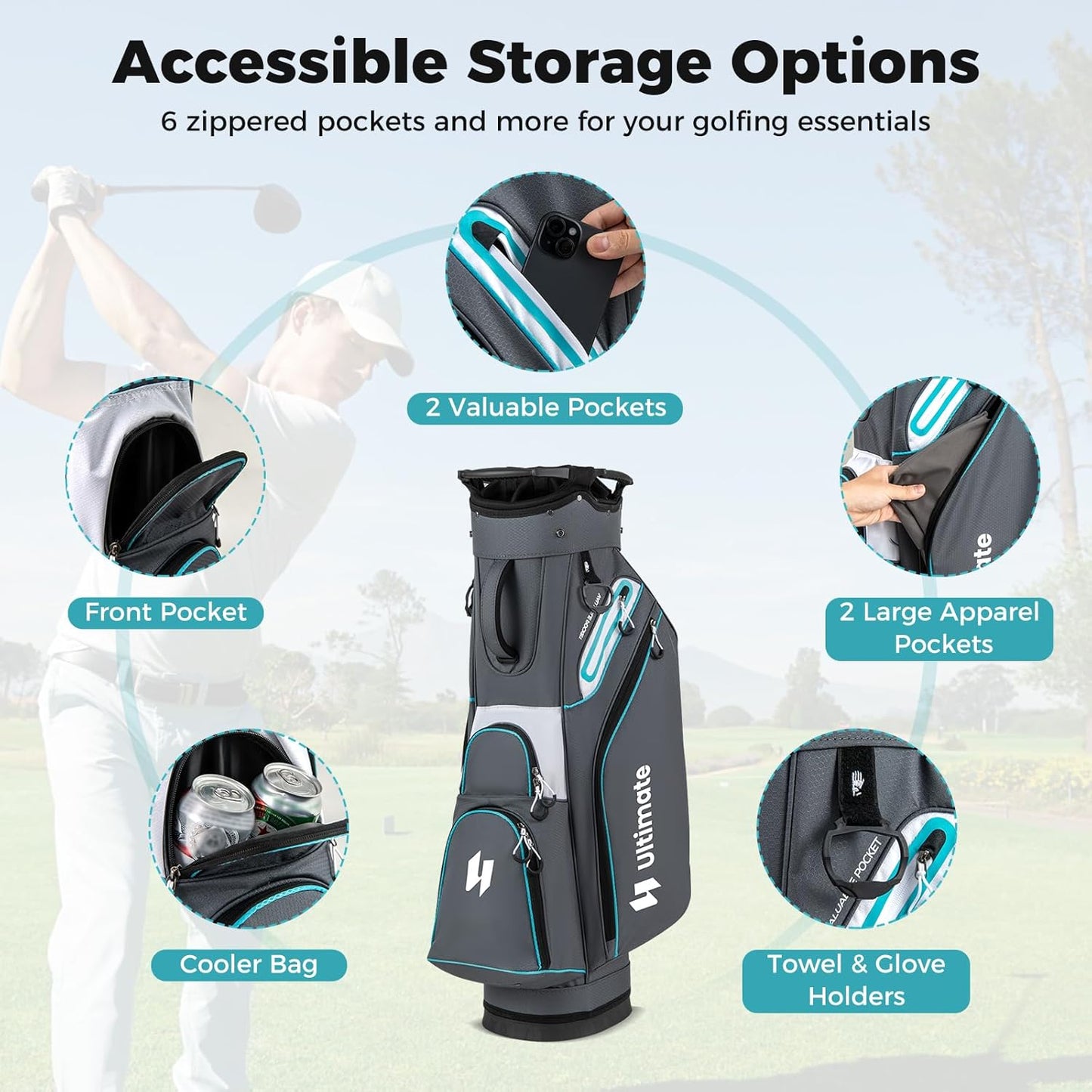 ULTIMATE Golf Cart Bag, Lightweight 14-Way Organizer Divider Top with 6 Pockets, Cooler Pocket, Rain Hood, Adjustable Shoulder Strap and Lift Handles, Portable Golf Club Bag for Men & Women