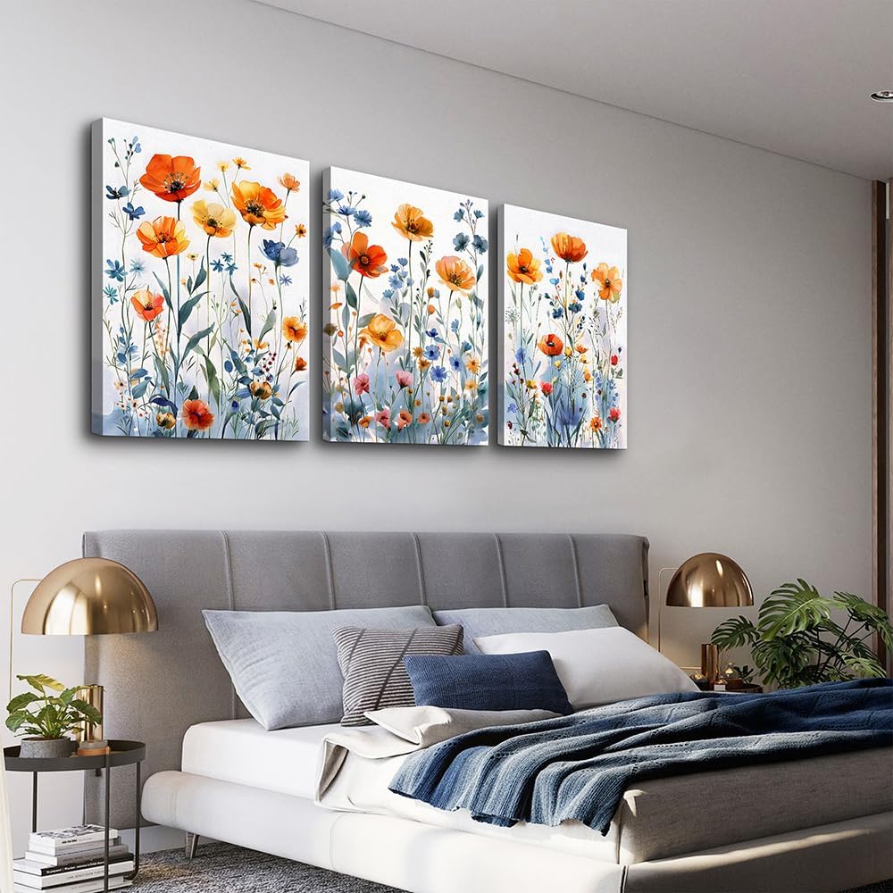 TTHYUEWS Boho Wall Art for Living Room & Bedroom - Modern Wall Decorations - 3 Piece Set - Flowers Watercolour Paintings & Posters - Home Decor