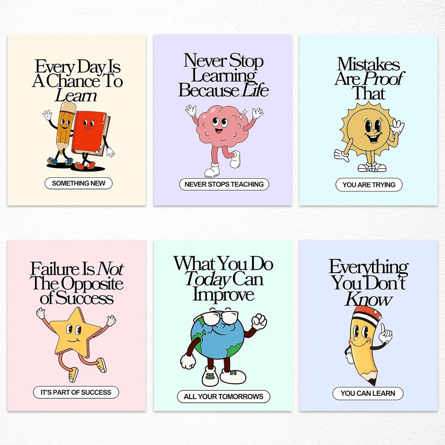 Set of 6 Colorful Growth Mindset Posters, Retro Inspirational Classroom Poster, Motivation Growth Mindset Wall Art for Classroom, Educational Poster for Teachers Bulletin Board 8x10in Unframed
