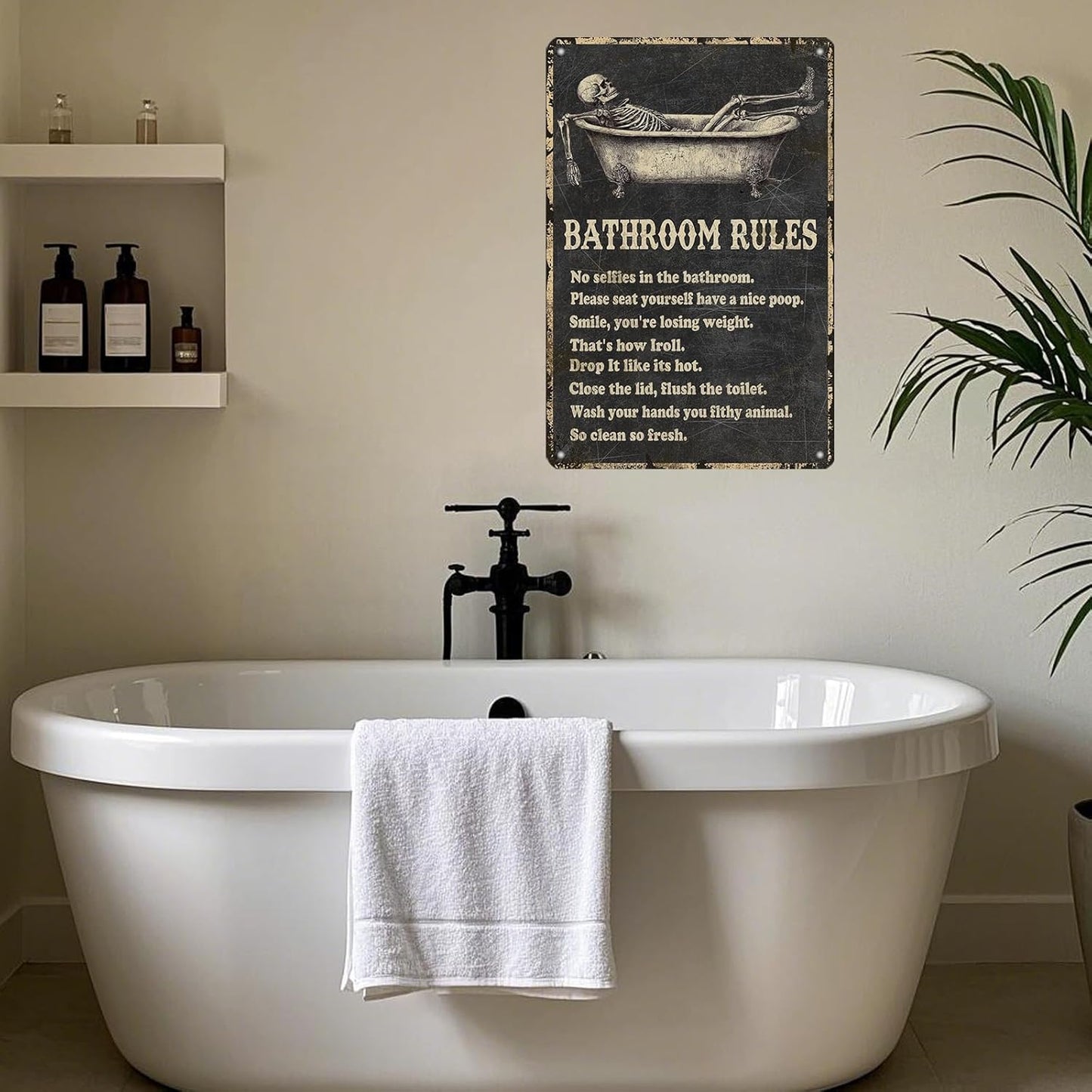 Funny Skull Bathroom Rules Metal Tin Sign Wall Decor - Vintage Bathroom Quote Tin Sign for Toilet Restroom Washroom Home Decor 12x8 Inch