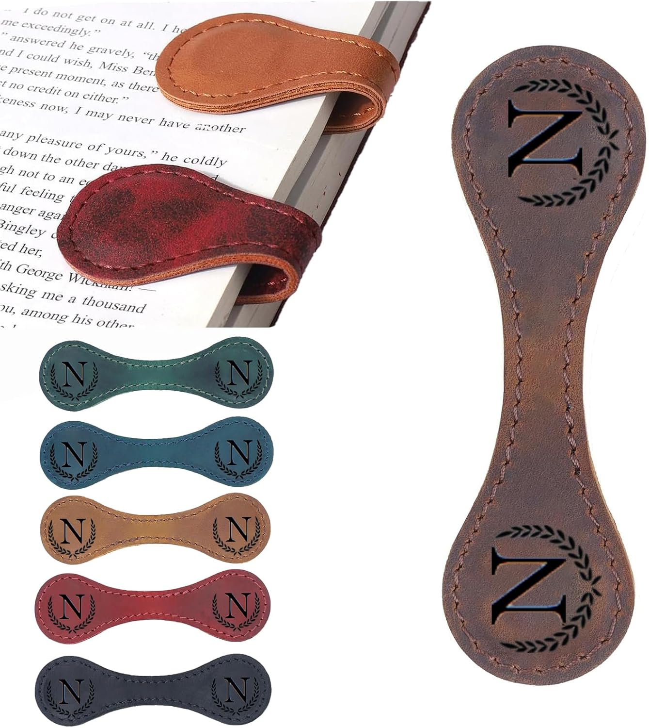 Personalized Magnetic Leather Bookmark, 26 Letters Custom Leather Bookmarks, Handmade, Leather Magnetic Bookmark for Book Lovers Readers Women Kid(Brown，N）