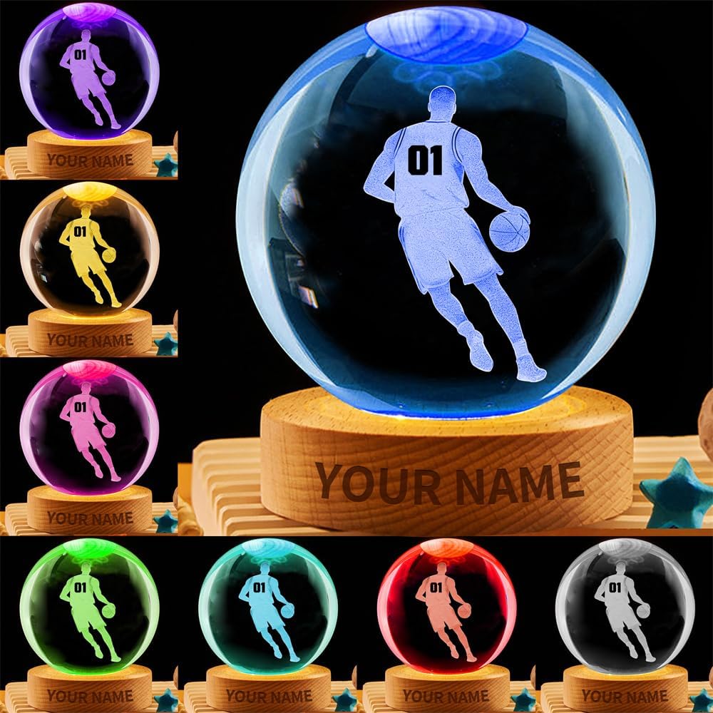 Personalized Basketball Crystal Night Light Gift for Men Women, Custom Name/Number Basketball Player 3D Crystal Ball Night Light Lamp for Bedroom Room Sports Decor Party Bar Christmas Birthday Gift