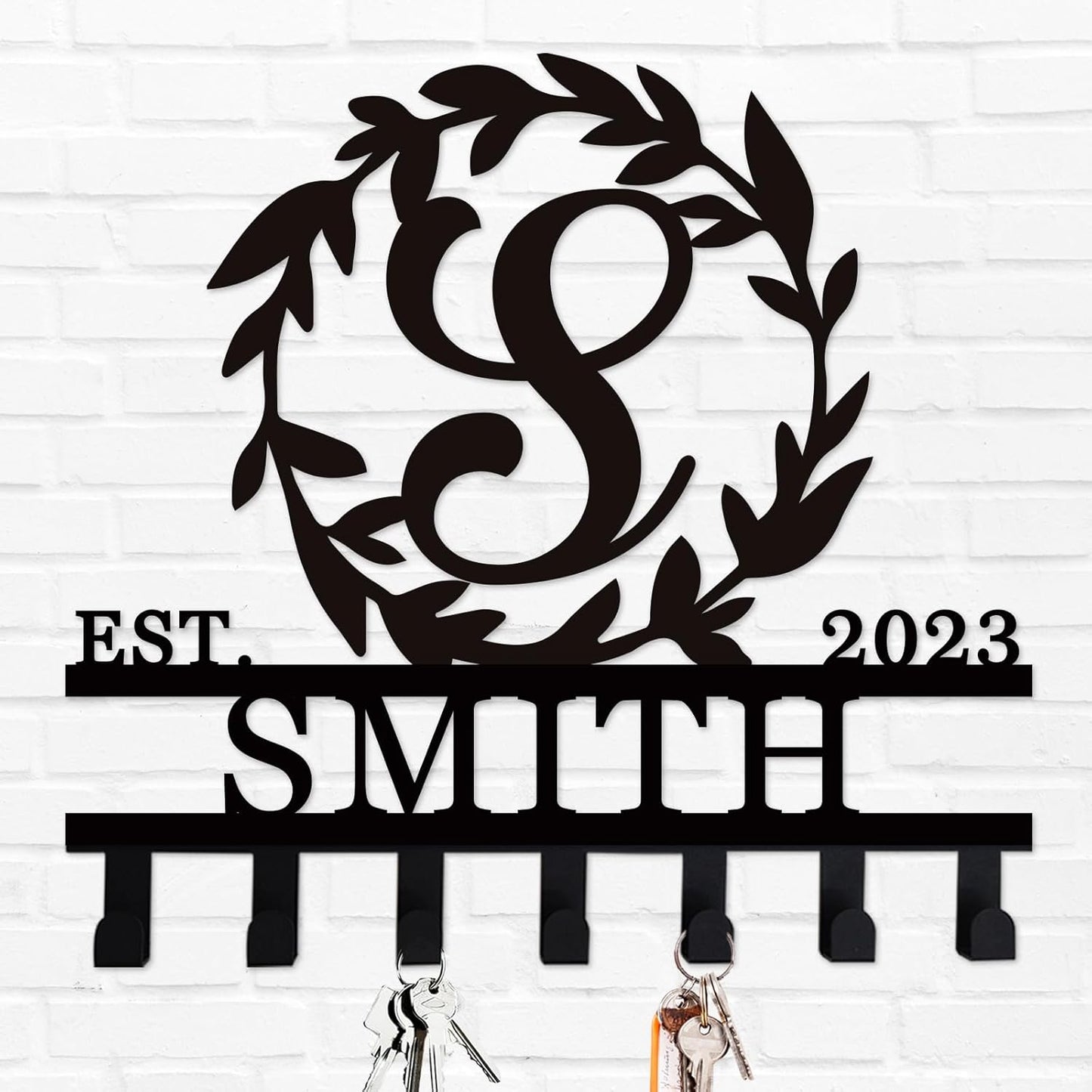 Personalized Metal Wreath Monogram Key Holder, Custom Metal Name Key Holder for Wall, Metal Key Hooks for Wall, Personalized Key Holder for Wall, Metal Name Signs, Unique Wedding Gift