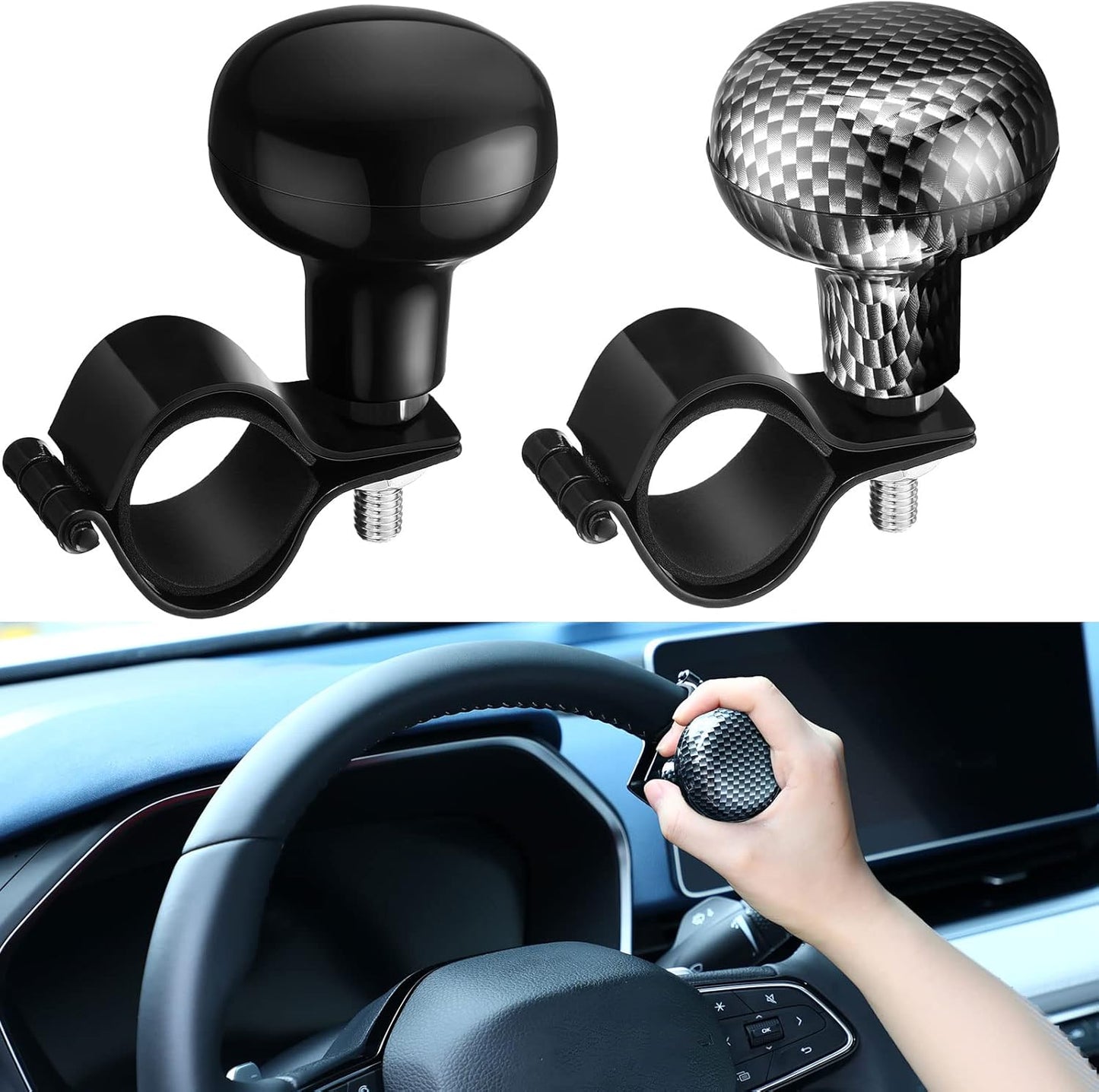 Tallew 2 Pieces Steering Wheel Spinner Knob Vehicle Steering Wheel Turn Ball Knob Suicide Power Handle Accessories for Cars, Trucks, Tractors, Boats, Golf Cart, Black and Carbon Color(Fresh Style)