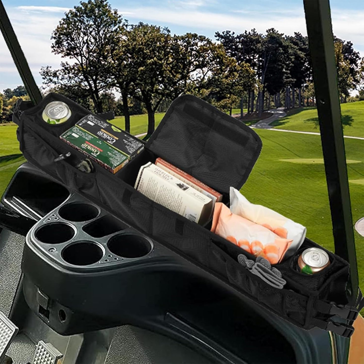 No Drilling Golf Cart Organizer Bag with Insulated Cup Holders, Golf Cart Dash Storage Tray Compatible with EZGO Club Car Drive Kandi Yamaha ICON