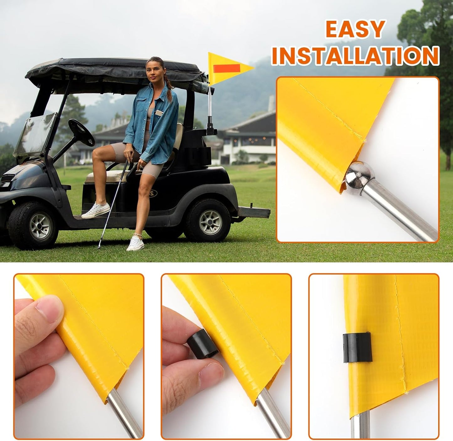 Golf Cart Flag Pole Reflective Safety Flag 22X30cm Yellow Triangular Flag with 25cm Pole and 8mm Buckle