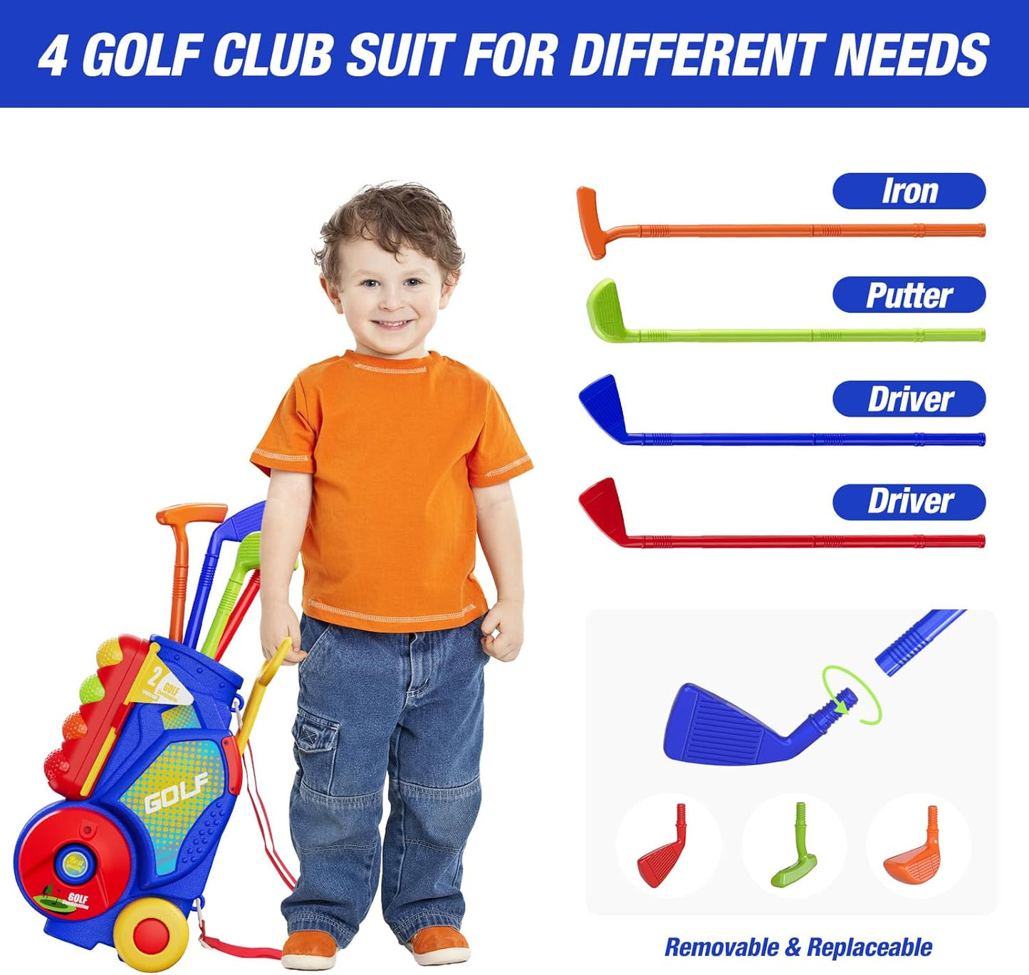 Toddler Golf Set 2-4 Years, Upgraded Kids Plastic Golf Clubs with 12 Balls, Putting Mat, Shoulder Strap, Indoor Outdoor Game Sport Toys Gift for Baby Boys Girls Age 3-5, Blue
