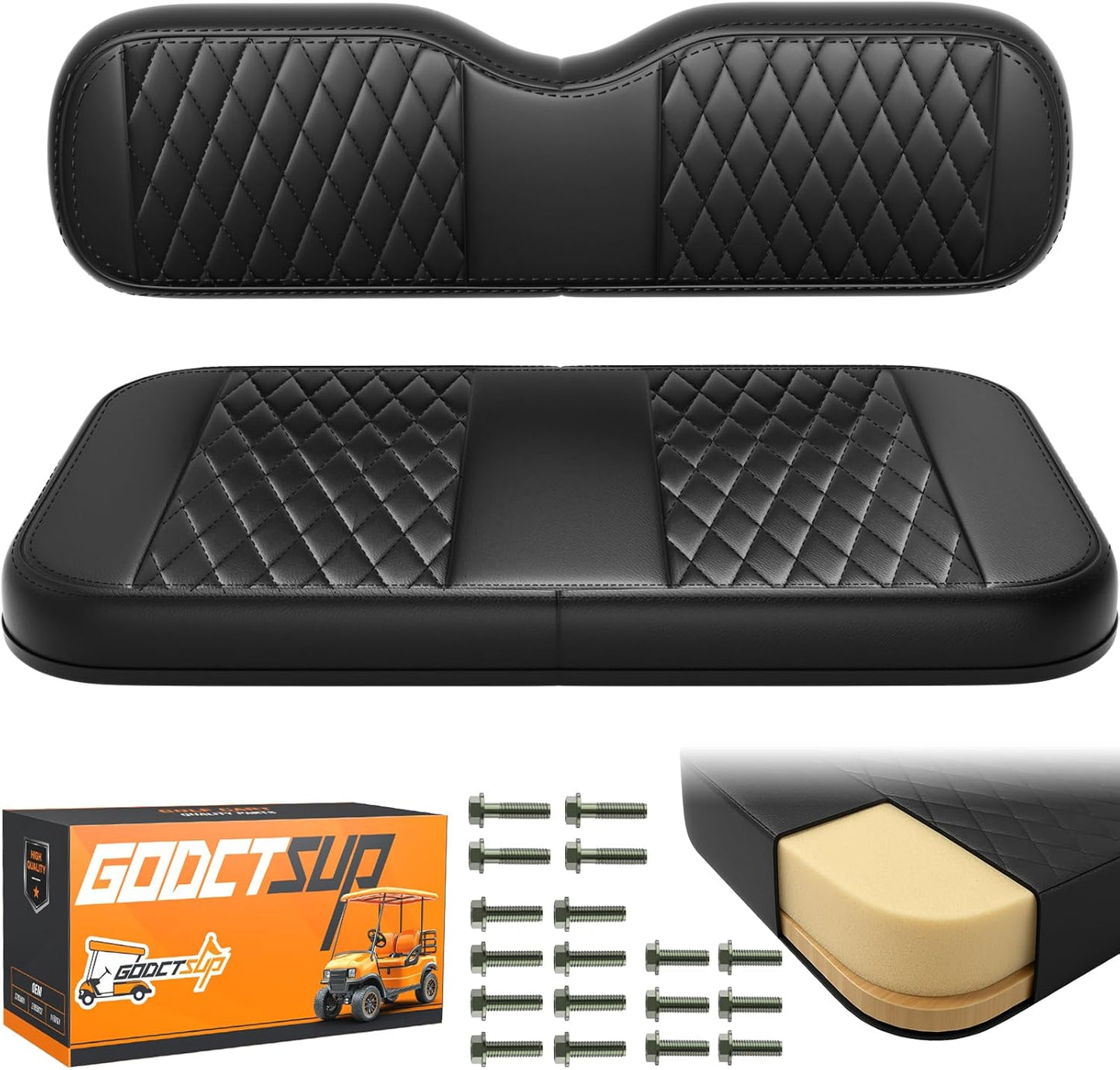 Golf Cart Front Seat Replacement Cushion Assembly Kit for EZGO TXT&Medalist 1994-2013 Golf Cart, EZGO Front Seat Cushions- Includes Soft Seat Cushion and Back Cushion Set, Black