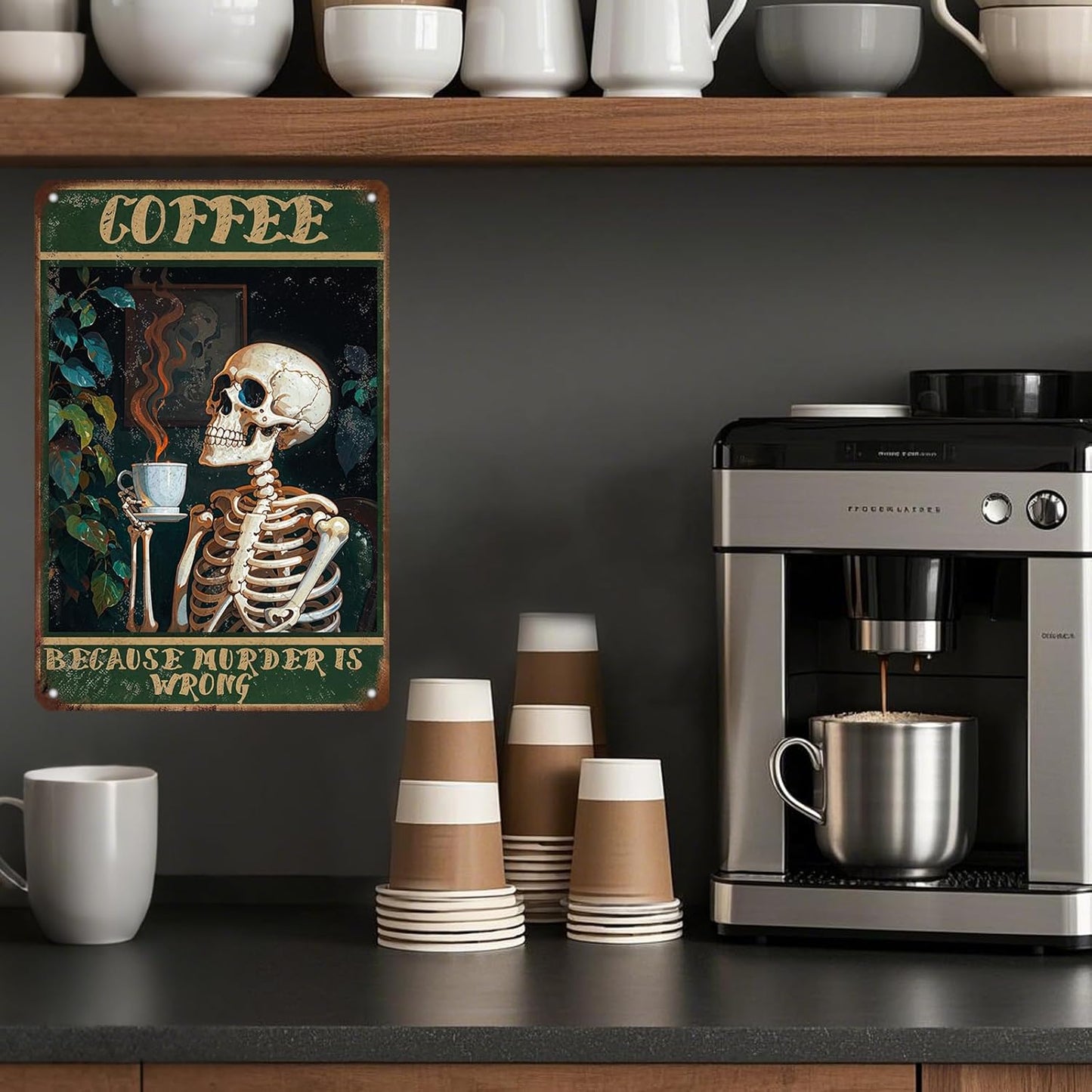 Vintage Coffee Skull Tin Sign Skeleton Old Fashioned Because Murder Is Wrong Metal Tin Sign Poster 12x8 Inch Home Restaurant Coffee Shop Wall Decor