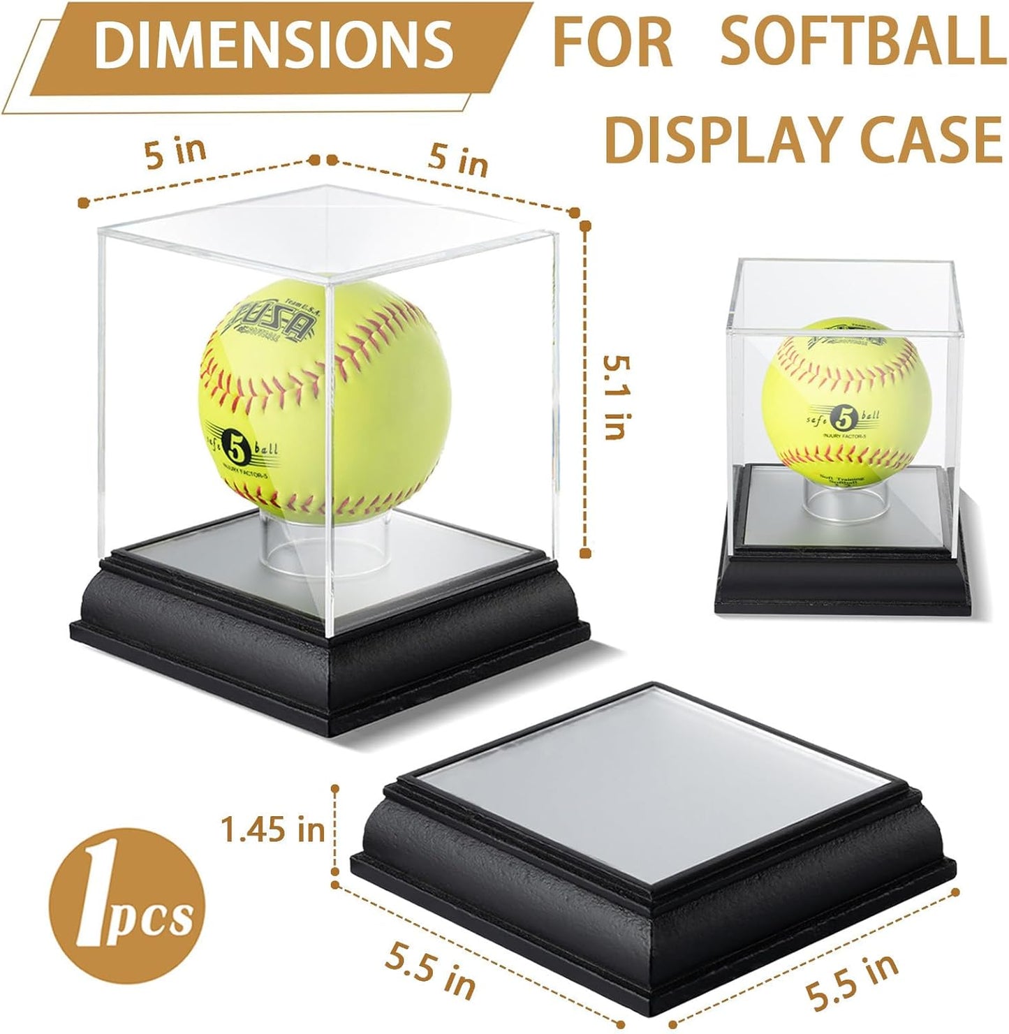 Softball Display Case with Led Light, UV Protected Cube with Wood Base Stand, Clear Acrylic Softball Holder for Single Autograph Ball