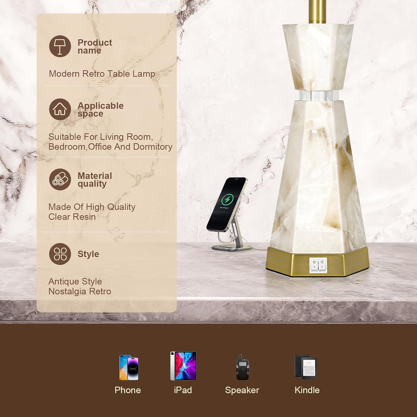 Natural Alabaster Table Lamp,Living Room Lamps Set of 2,Nightstand Lamp with Night Light,Lamps for Living Room With Linen Fabric Shade,Bedside Lamp with Usb A+C Ports for Bedroom,Hotel(Bulb Included)