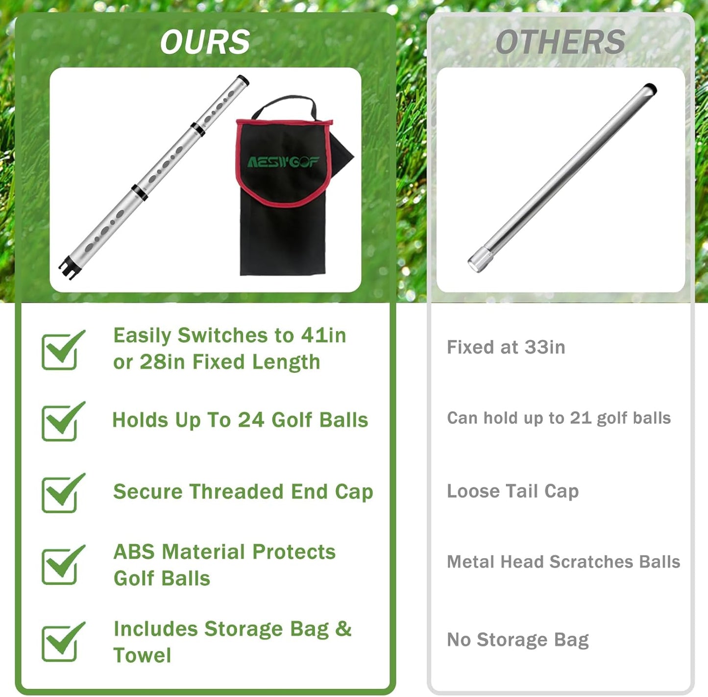 Golf Ball Picker Upper, Aluminum Golf Ball Retriever, Durable & Portable Ball Collector Tube, Holds 24 Golf Balls with Carry Bag & Ball Towel, Great Golf Gifts for Men