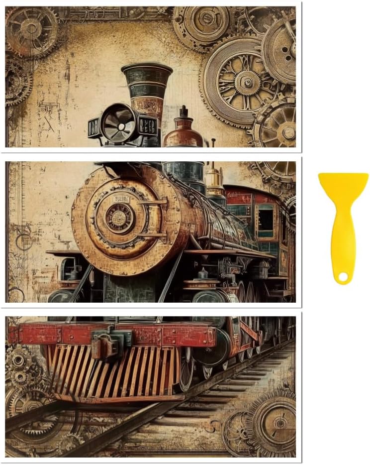 Peacoblue Rub on Transfer Decal Sticker for Furniture Craft Decor 6"x12" Vintage Steampunk Train, 3Pcs Waterproof UV DTF Transfer for Drawer Dresser Glass Porcelain Wood Plastic Window