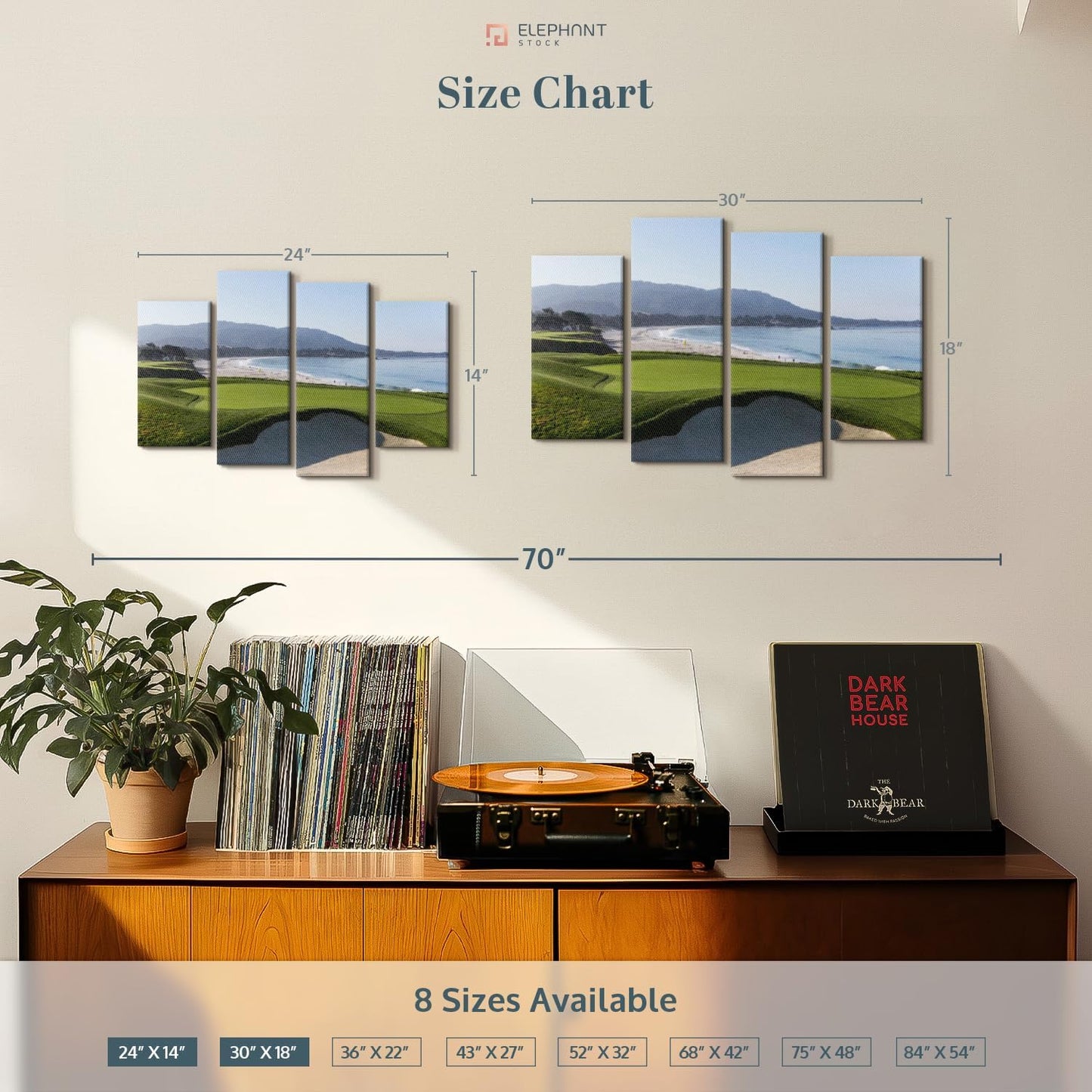 Elephant Stock Monterey CA Golf Course Wall Art - Horizontal Canvas - 4-Piece Living Room Wall Decor - Photography Sports Canvas Print - Blue and Green Decor for Wall - 30" X 18"