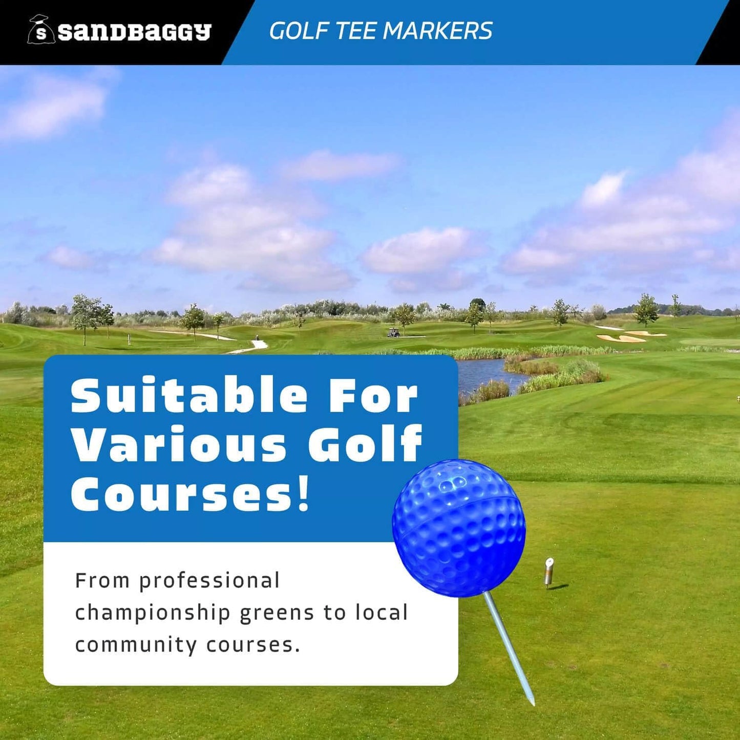 Sandbaggy Plastic Tee Markers for Golf Course (UV Resistant) - Steel Spike - Safety Caps Included