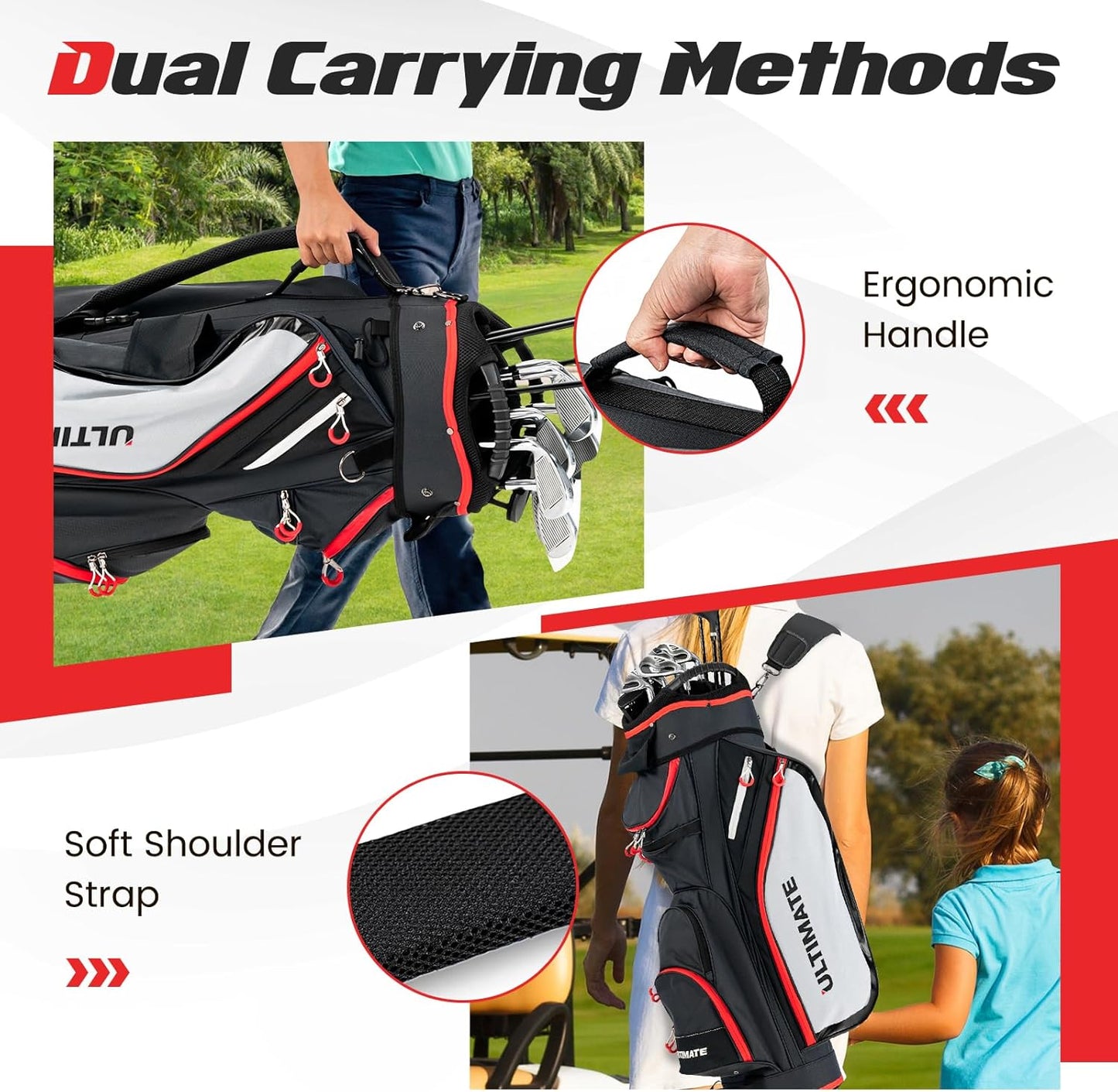 ULTIMATE Golf Cart Bag, 14 Way Top Dividers Golf Carry Bag w/Pockets & Umbrella Holder, Portable Golf Club Bag w/Soft Shoulder Strap & Rain Hood, Lightweight Golf Bag for Women & Men