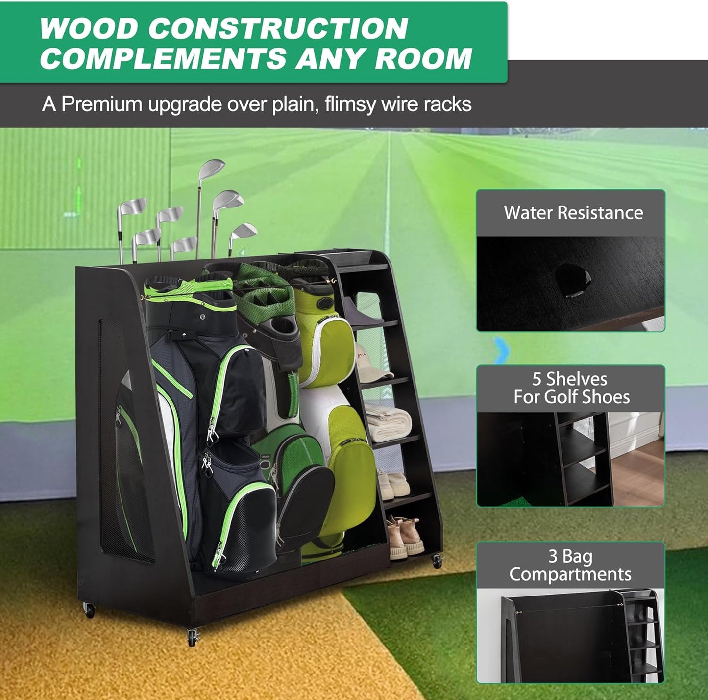 Advanced Wooden Golf Bag Organizer and Storage Rack - can Accommodate 3 Golf Bags and 3-5 Golf Clubs/Hockey Sticks, Golf Balls, Inside and Outside The Garage shed Basement