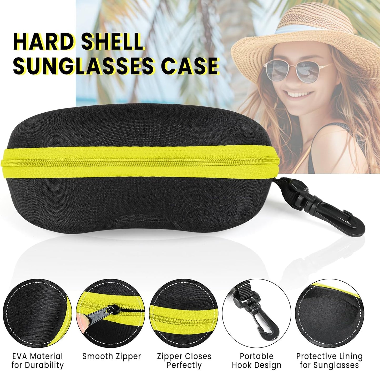 INNOLIFE Zipper Hard Shell Sunglasses Cases, Portable Travel Eyeglasses Cases with Plastic Hook for Men Women