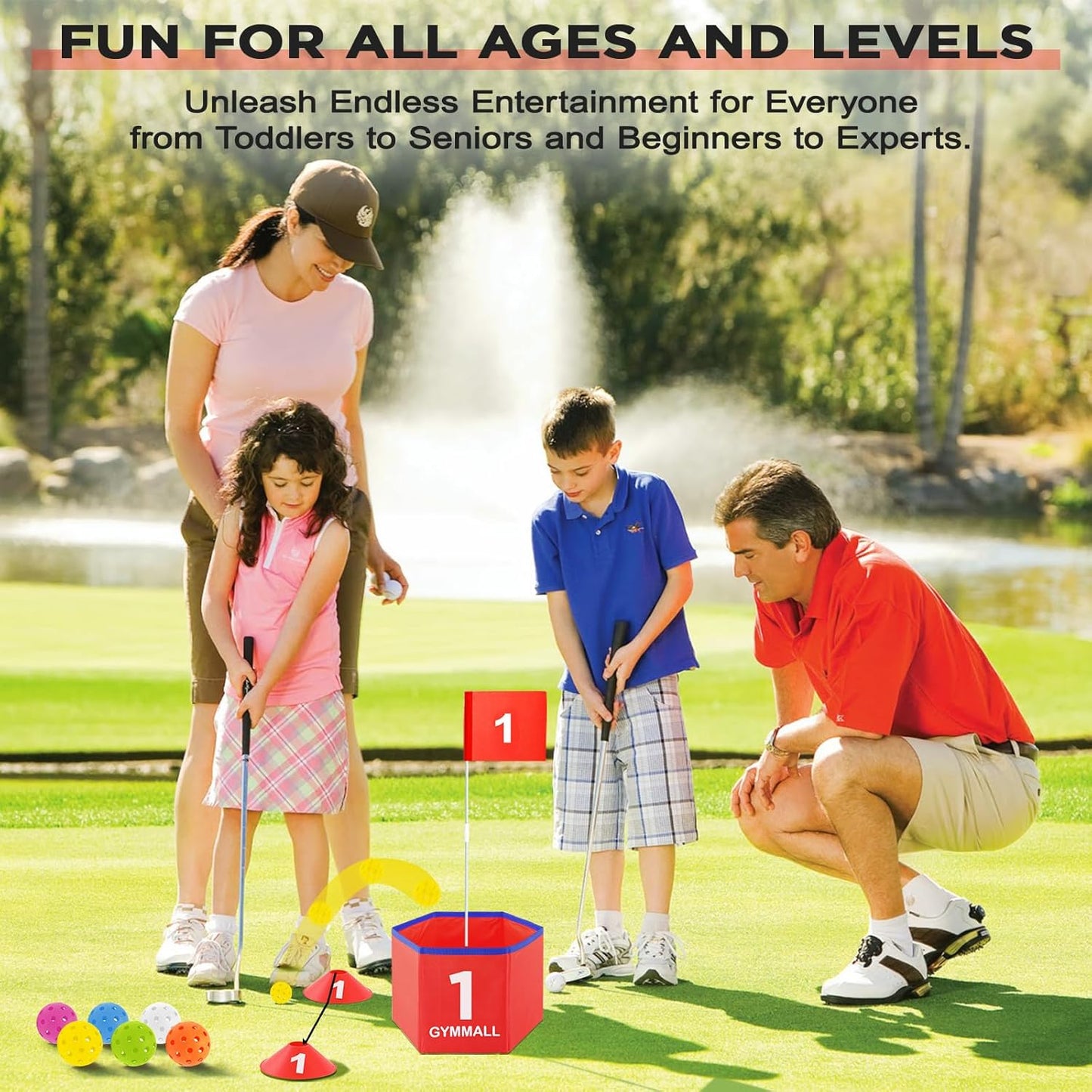 Golf Bucket Yard Game, Backyard Golf Set for Kids, Adults and Family, Outdoor and Indoor Portable 6 Holes Golf Course with Balls, Flags and Carry Bag for Lawn, Park, Beach and Hotel - Red