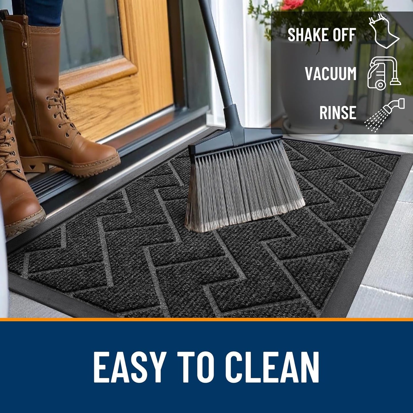 OLANLY Front Door Mat Indoor Outdoor Entrance, Waterproof All-Season, All-Weather Doormat, Sturdy Natural Rubber, Low Profile, Easy Clean Patio Porch Entryway Mat, Herringbone Brick (Black, 71x23)