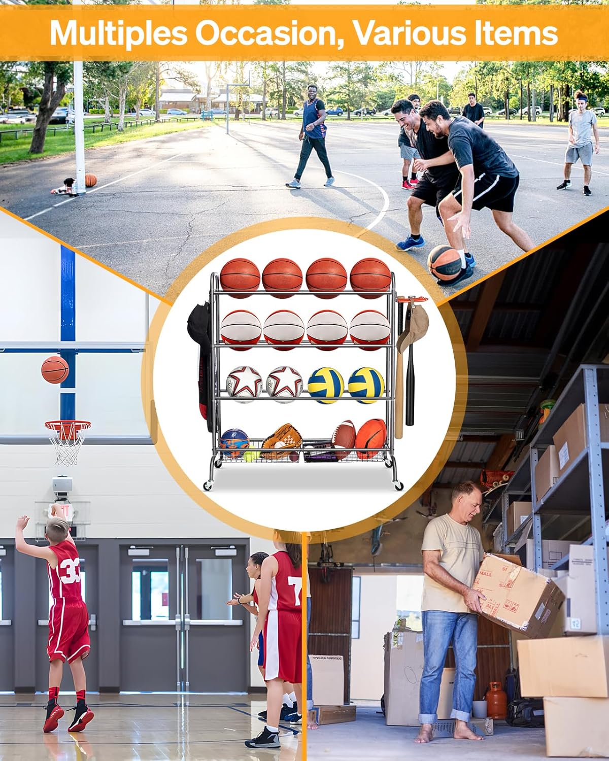 Basketball Rack, Rolling Basketball Shooting Training Stand,Sports Equipment Storage with Wheels, Four-Layer Organizer Holder with Two Basket for Basketballs Footballs Volleyball