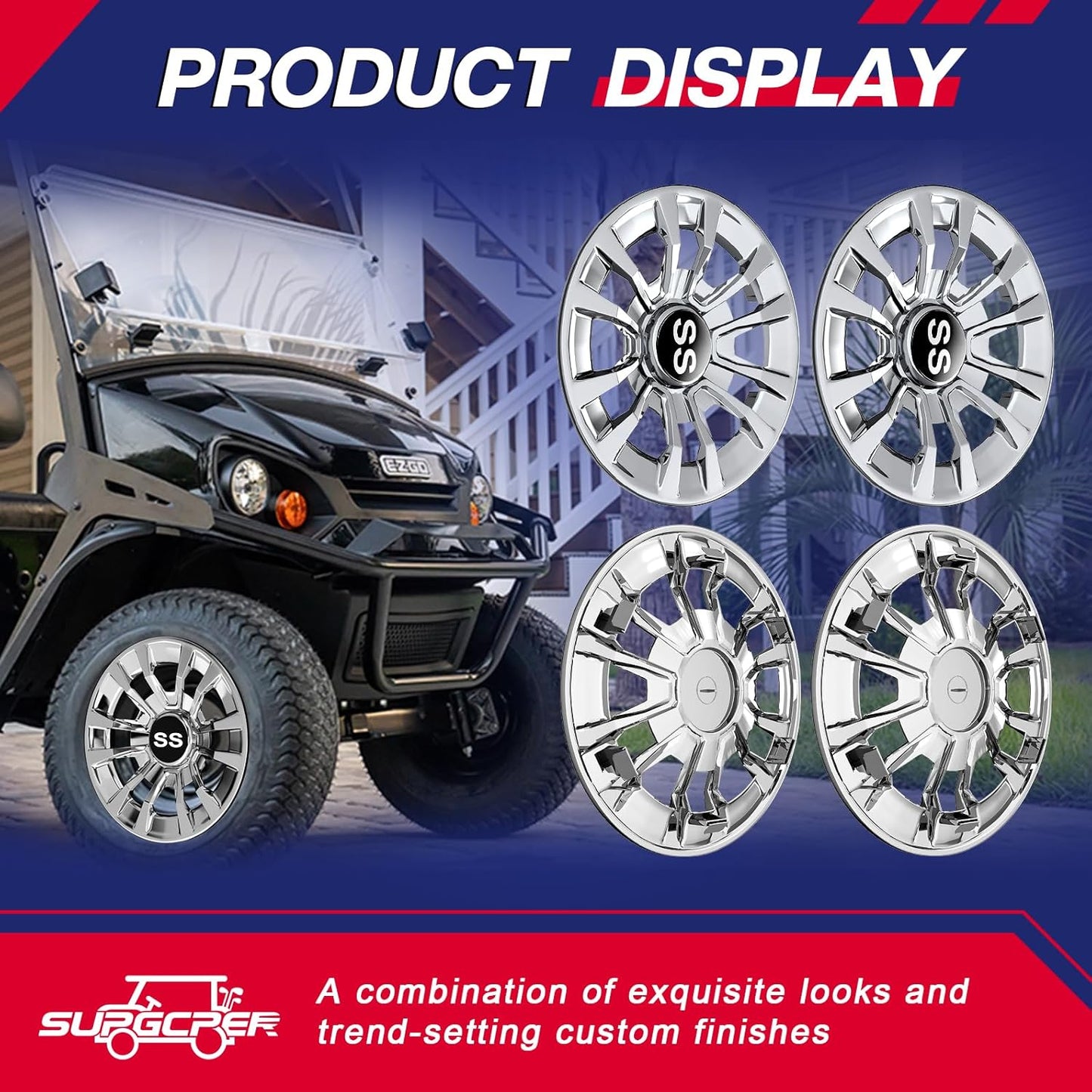 Golf Cart SS Wheel Covers, Golf Cart Hub Caps for Club Car EZGO Yamaha and Most Golf Carts, 6-Spoke Design, 8 Inch Golf Cart Wheel Hubcaps (Set of 4), Snap-on Installation, Not Fit EZGO RXV