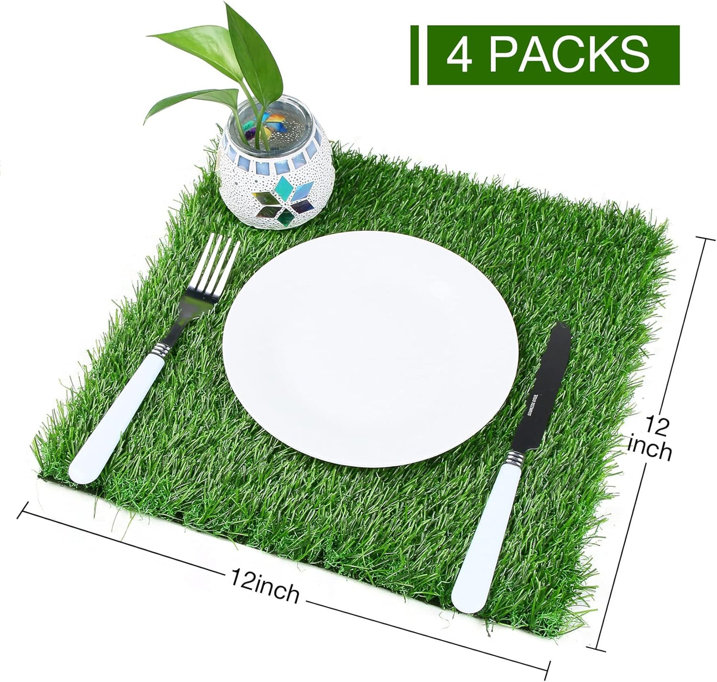 XLX TURF 12"X12" Artificial Grass Table Placemats 4 Pack, Green Fake Turf Square Decor Golf Theme Party, Birthday, Baby Shower, Wedding, Holiday