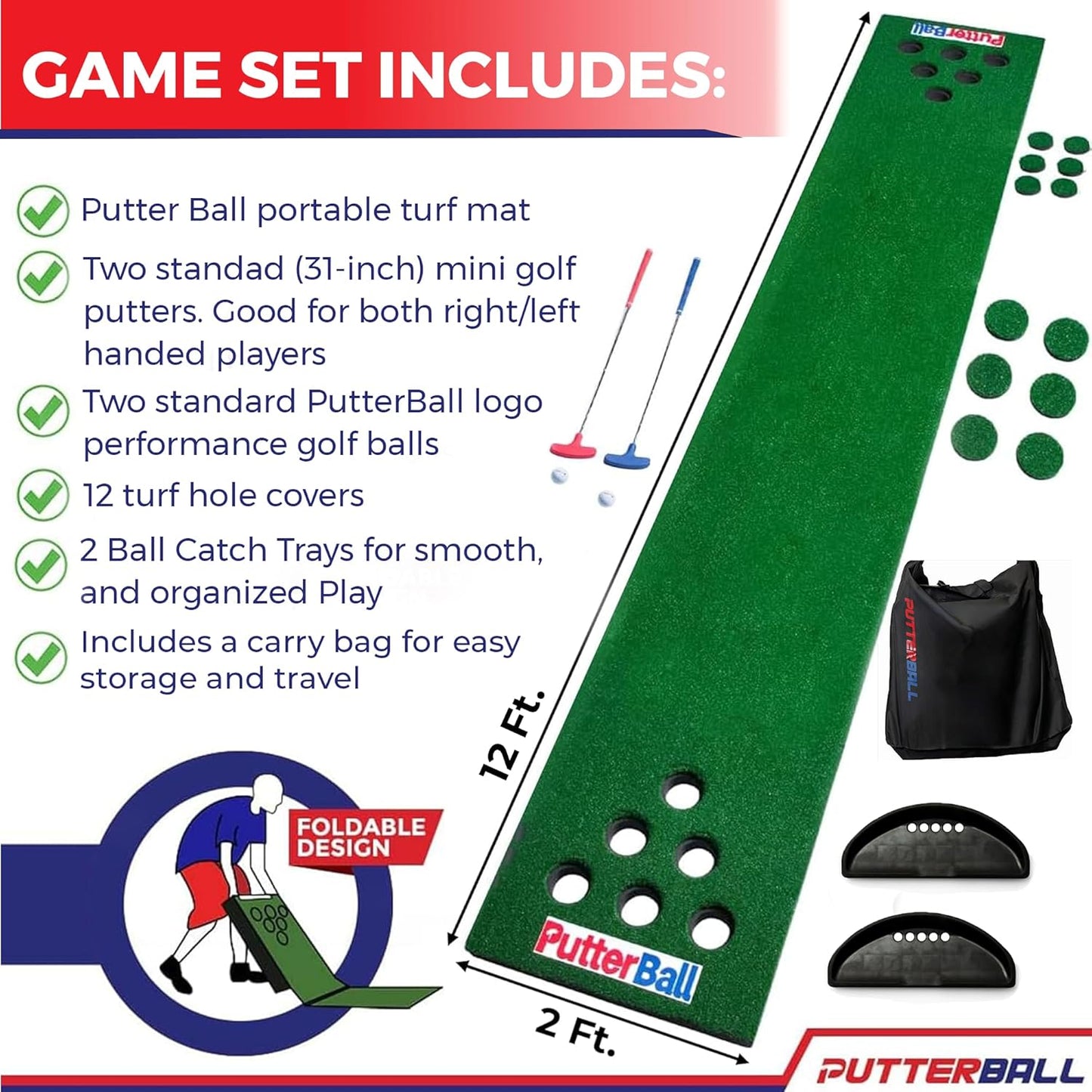 PutterBall Original Golf Putting Game Set – Backyard 12 ft Putting Green Pong Style Golf Mat with 2 Putters, 2 Balls & Hole Covers (PutterBall Original)
