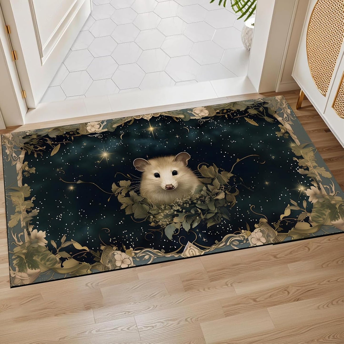 Vintage Opossum Indoor Door Mat,Retro Possum Floral Frame Floor Doormat,17x29.5in,Non Woven Non Slip Rubber Backing Animal Rug for Porch Insider,Bedroom,Kitchen,Doormats Gifts,Rv Camper Decor