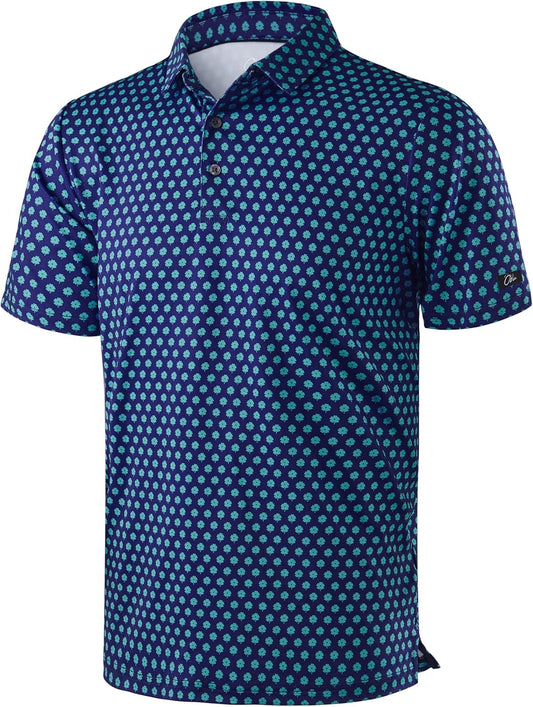 Obla Mens Golf Polo Shirts Short Sleeve Dry Fit Performance Moisture Wicking Casual Print Collared Golf Shirts for Men